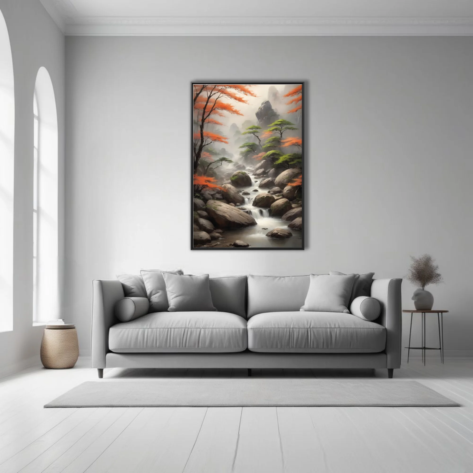 Chinese ink-wash-style autumn mountain stream with misty peaks and orange foliage