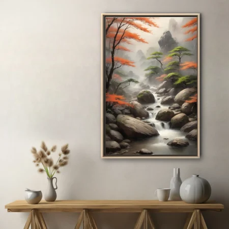 Chinese ink-wash-style autumn mountain stream with misty peaks and orange foliage