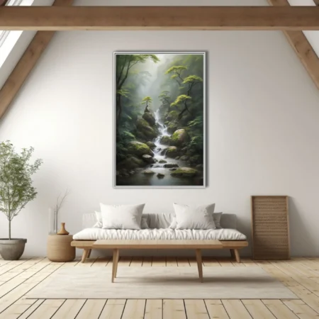 Ink-wash-style misty forest waterfall with mossy rocks and gnarled trees, cool green palette