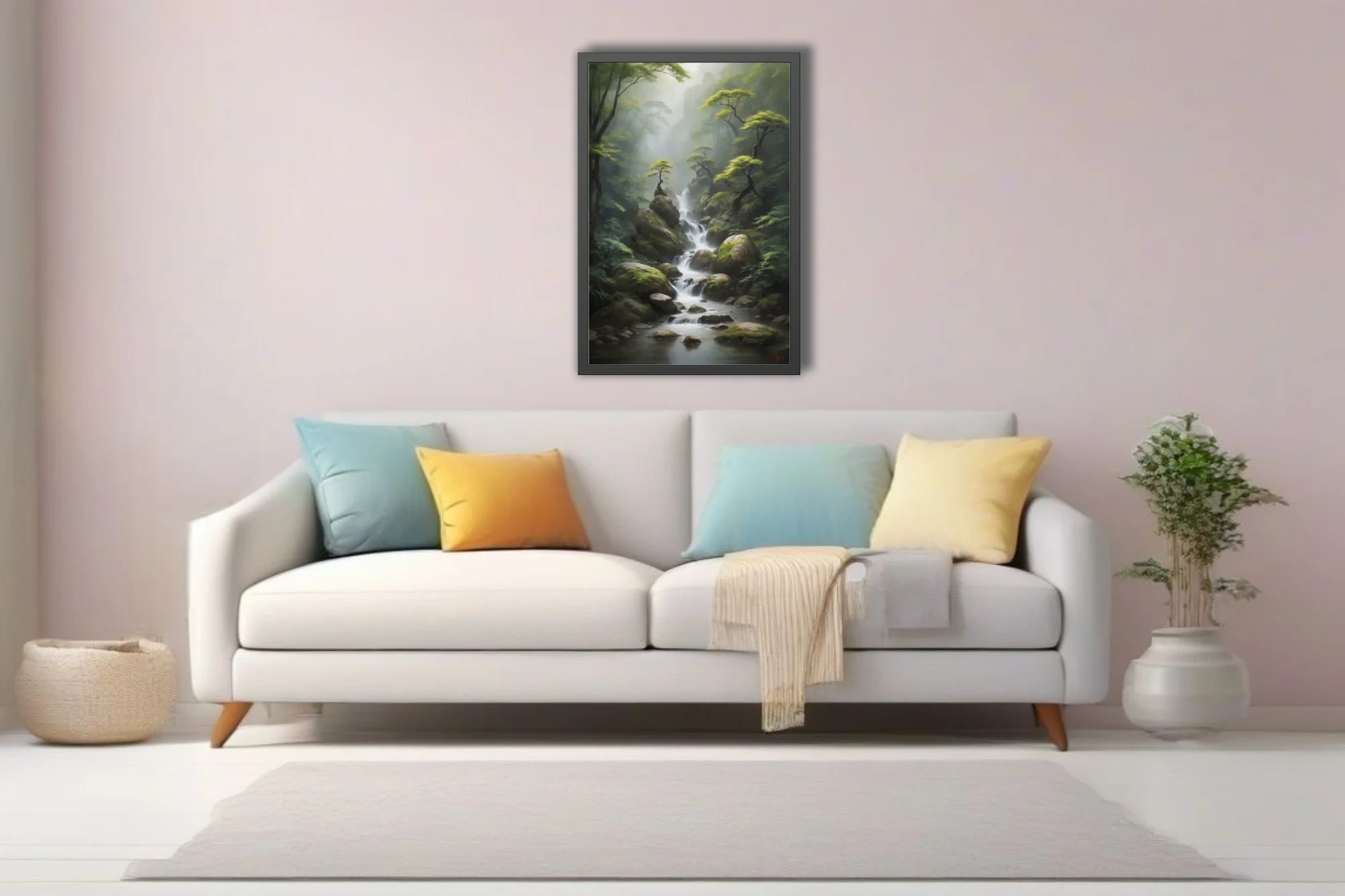 Ink-wash-style misty forest waterfall with mossy rocks and gnarled trees, cool green palette