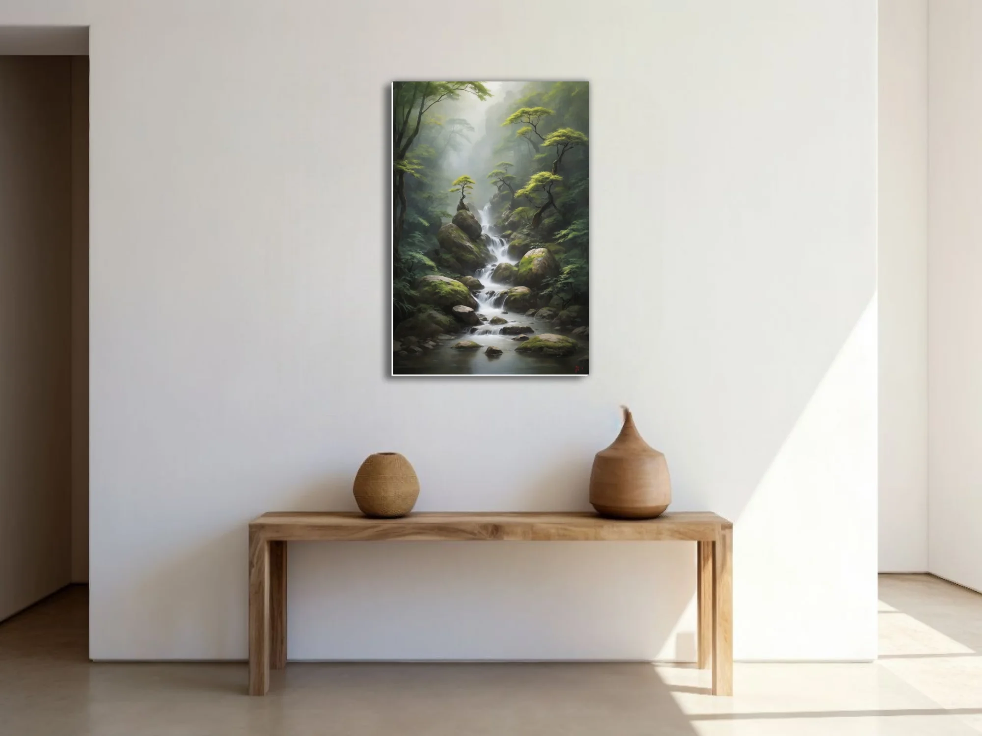 Ink-wash-style misty forest waterfall with mossy rocks and gnarled trees, cool green palette