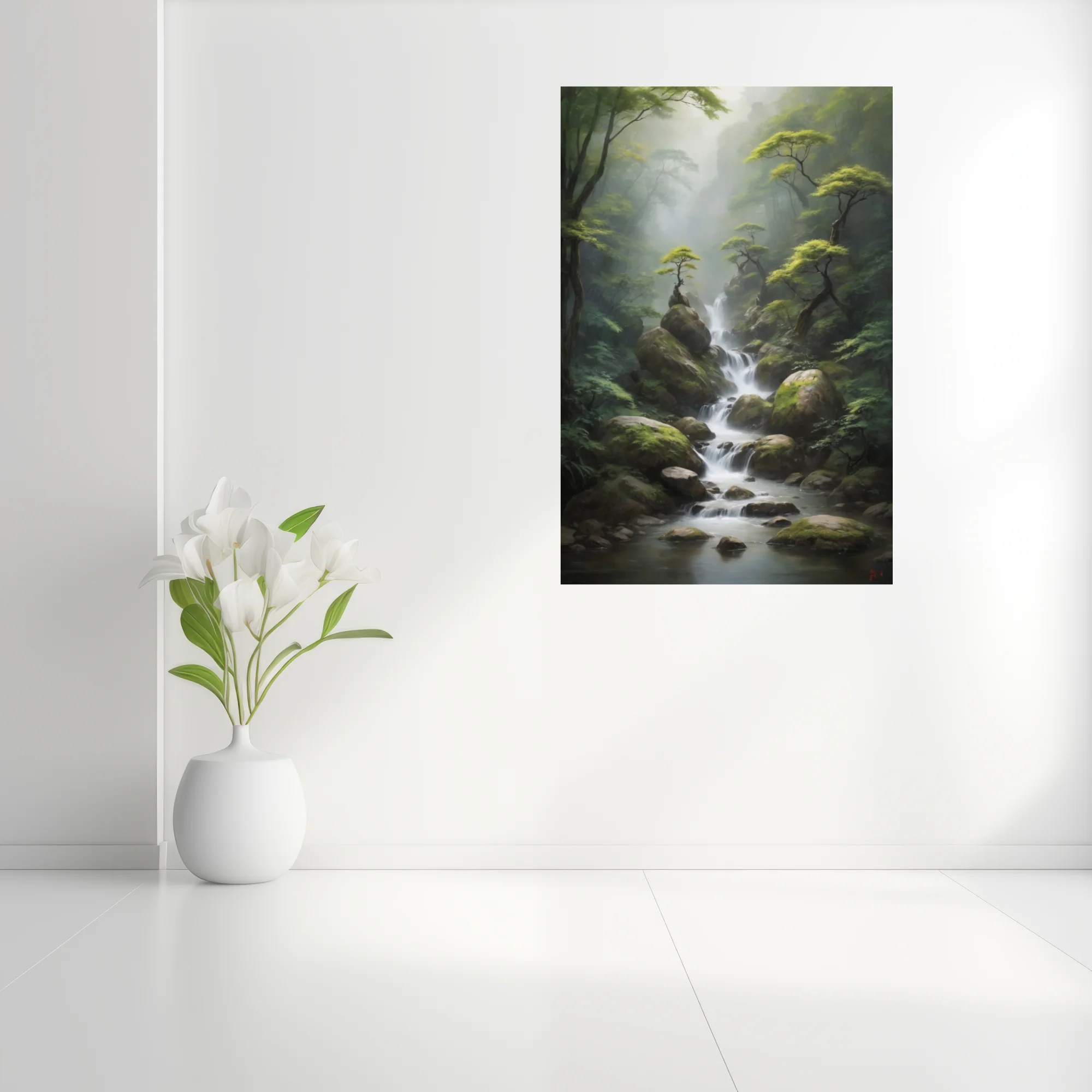 Ink-wash-style misty forest waterfall with mossy rocks and gnarled trees, cool green palette