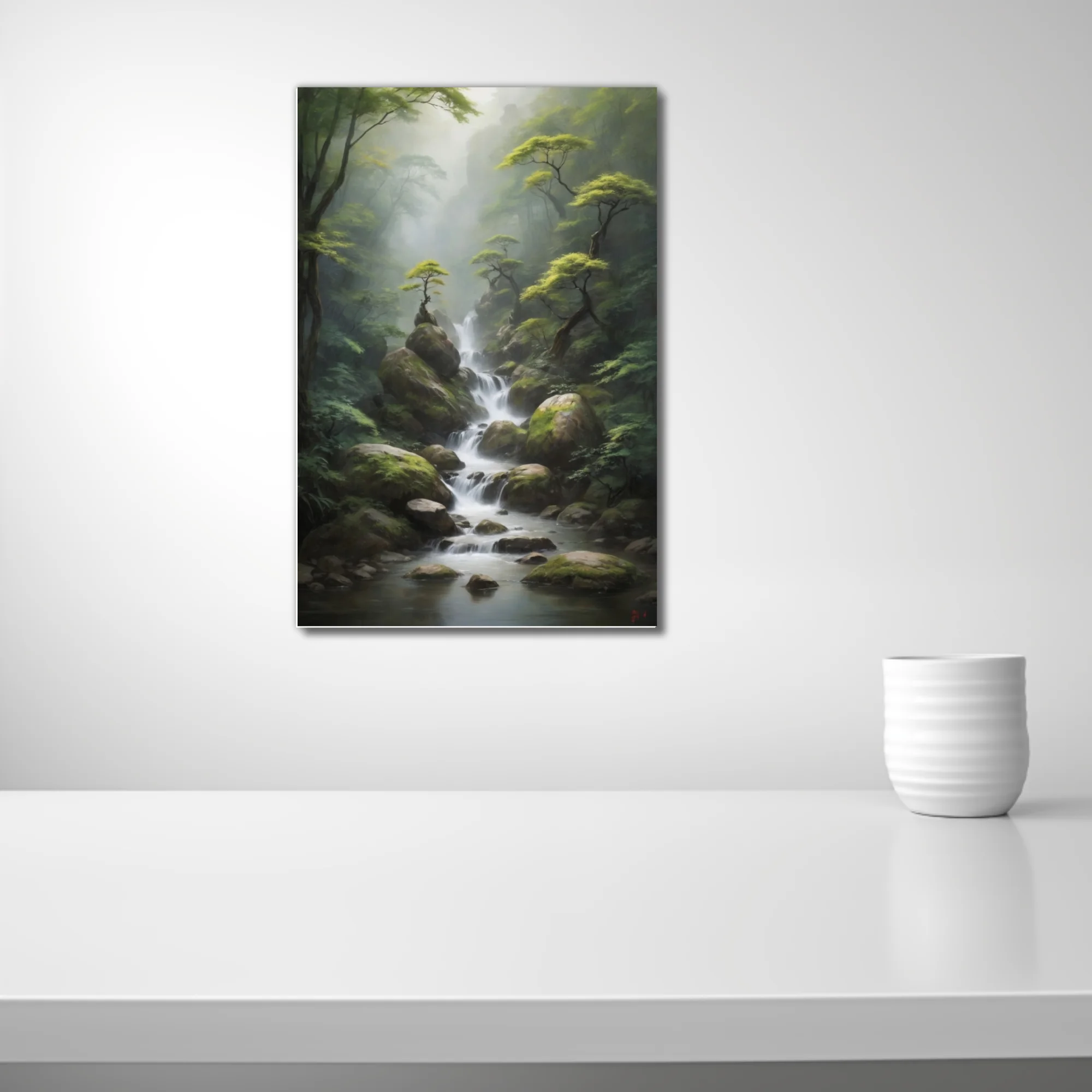 Ink-wash-style misty forest waterfall with mossy rocks and gnarled trees, cool green palette