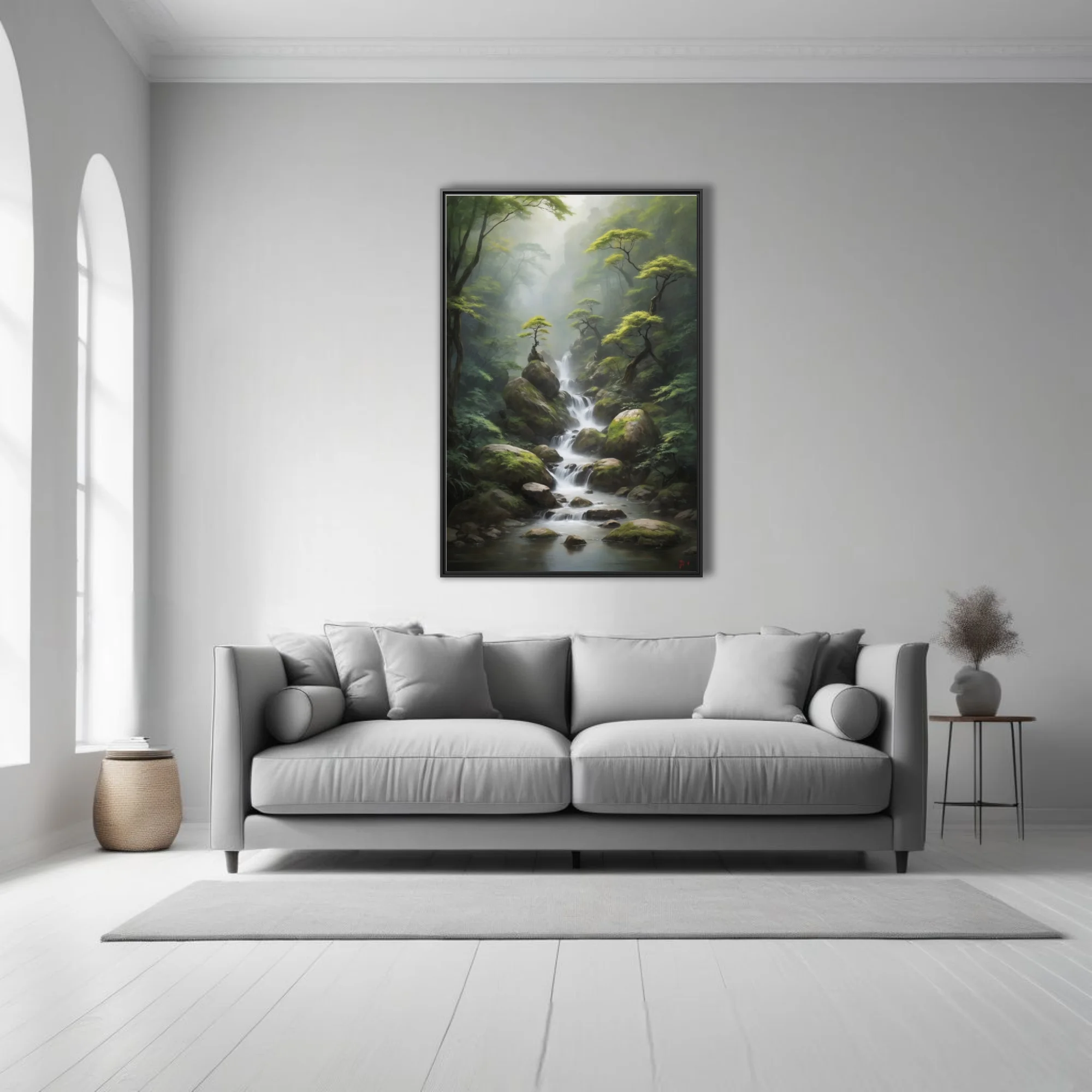 Ink-wash-style misty forest waterfall with mossy rocks and gnarled trees, cool green palette