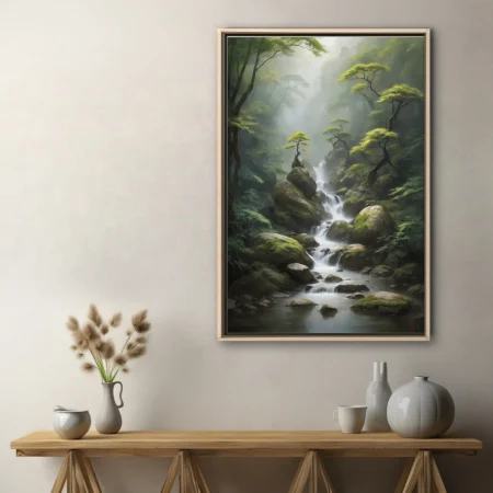 Ink-wash-style misty forest waterfall with mossy rocks and gnarled trees, cool green palette