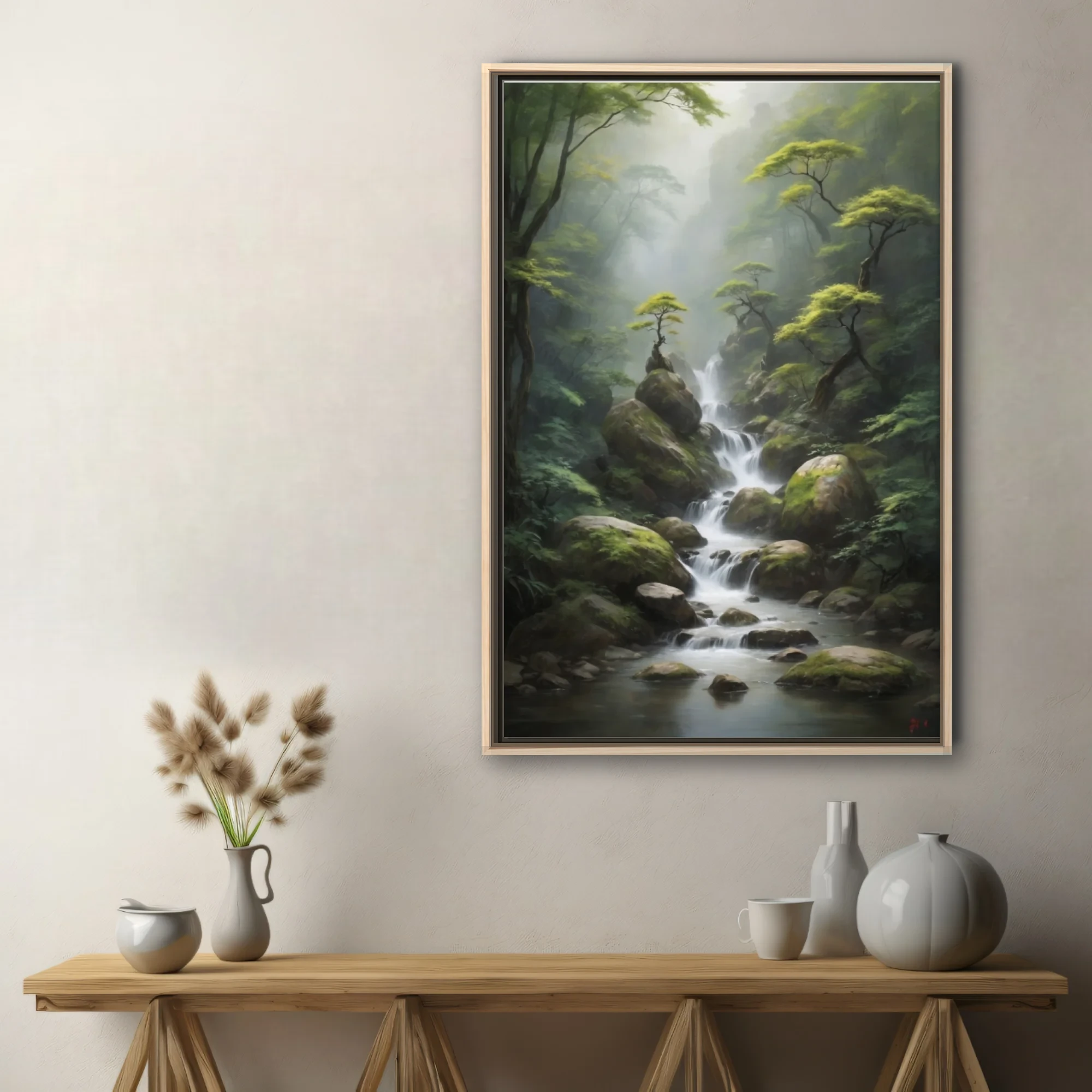 Ink-wash-style misty forest waterfall with mossy rocks and gnarled trees, cool green palette