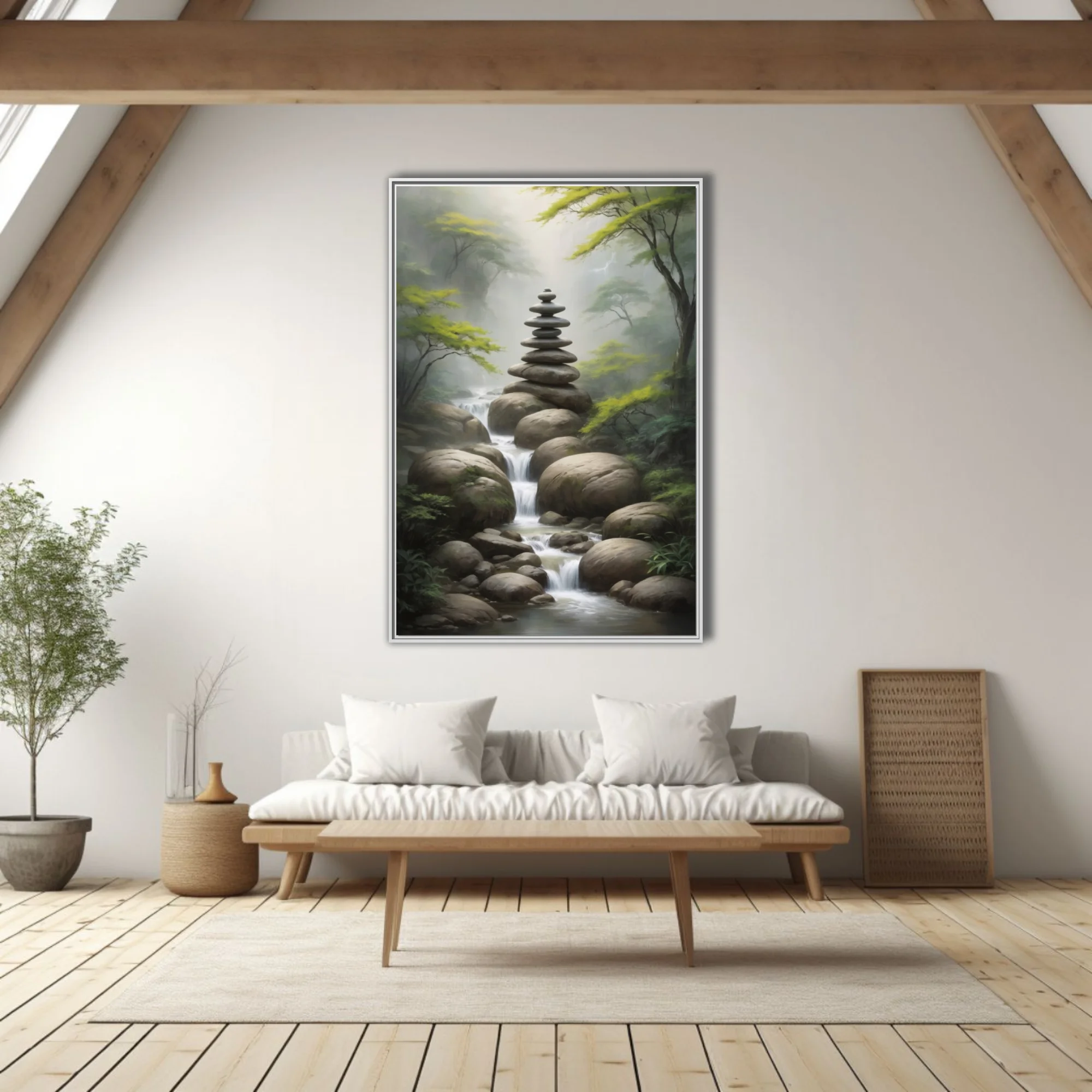 Zen stone cairn balanced over misty forest stream, nature art