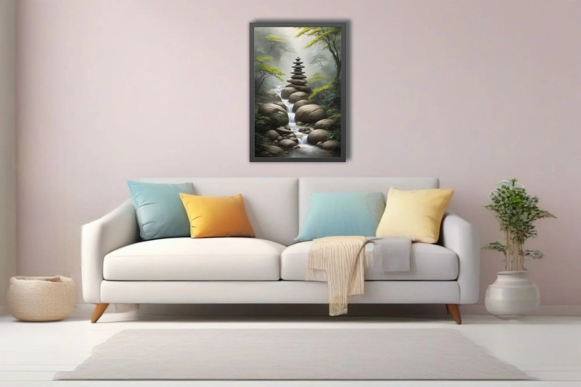 Zen stone cairn balanced over misty forest stream, nature art