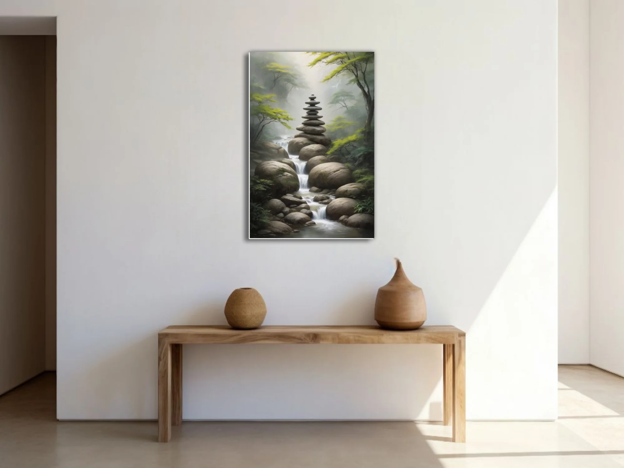 Zen stone cairn balanced over misty forest stream, nature art