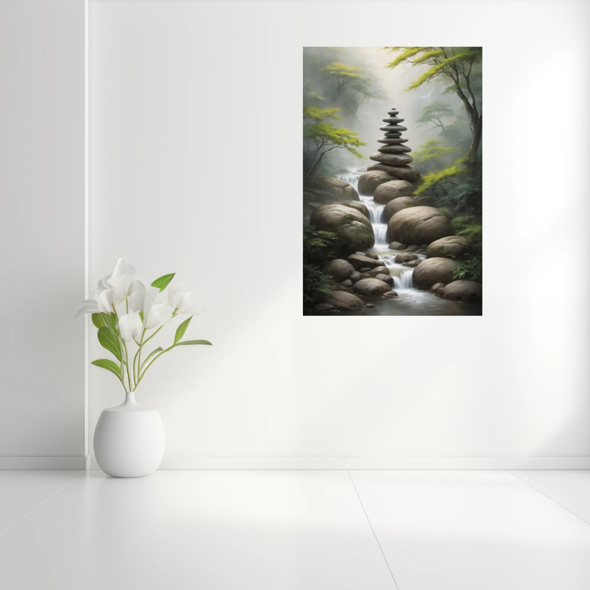 Zen stone cairn balanced over misty forest stream, nature art