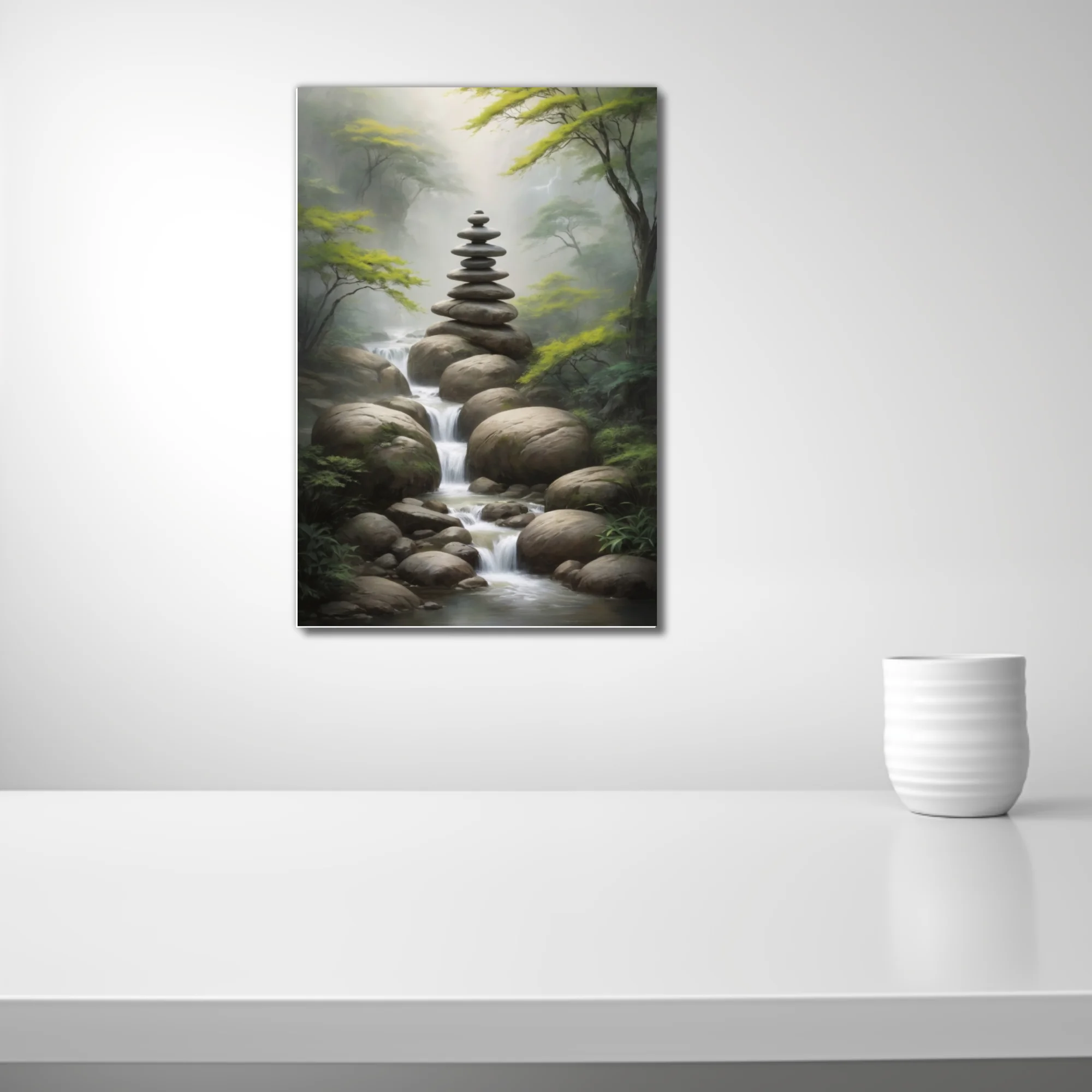 Zen stone cairn balanced over misty forest stream, nature art