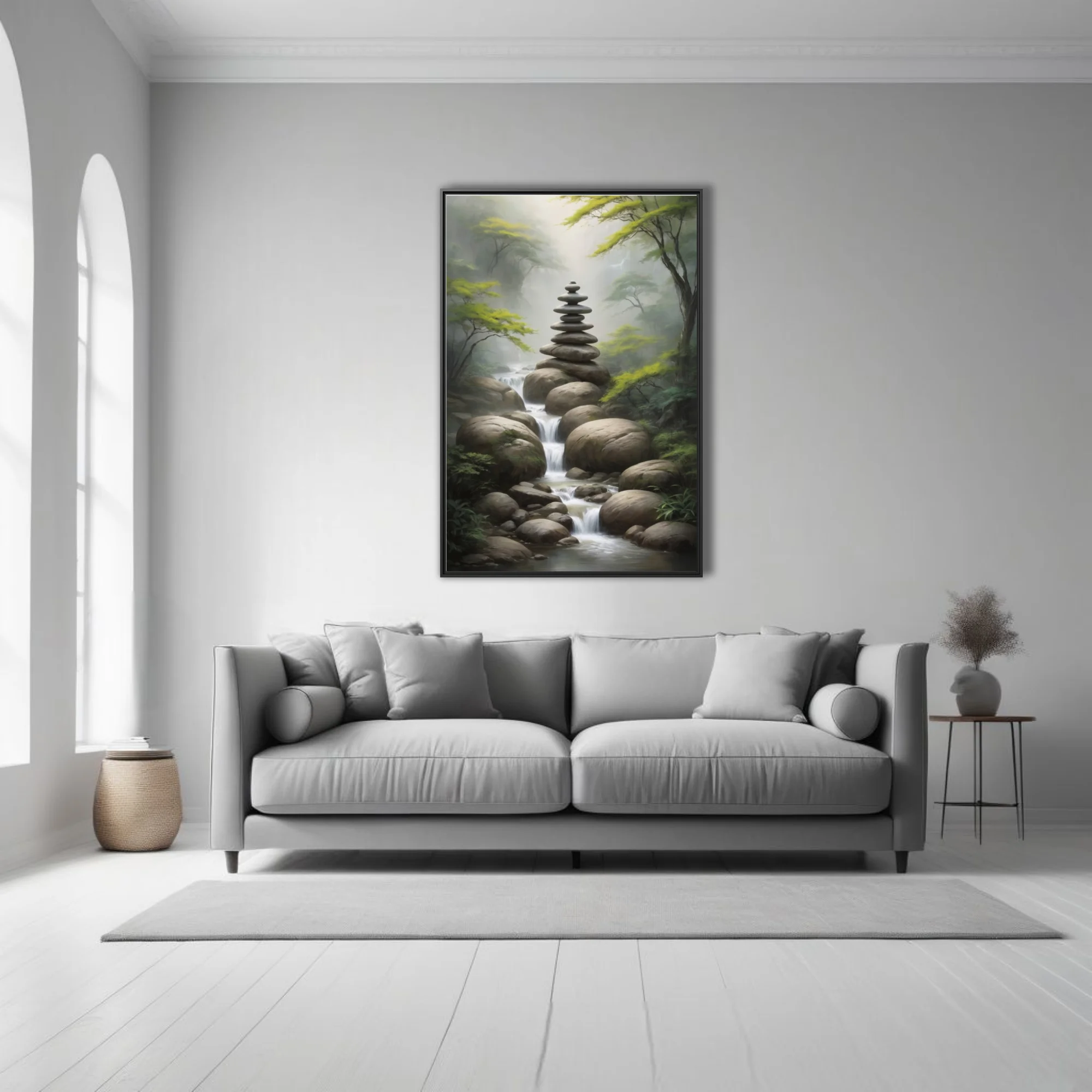 Zen stone cairn balanced over misty forest stream, nature art