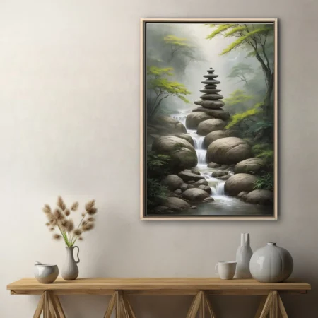 Zen stone cairn balanced over misty forest stream, nature art