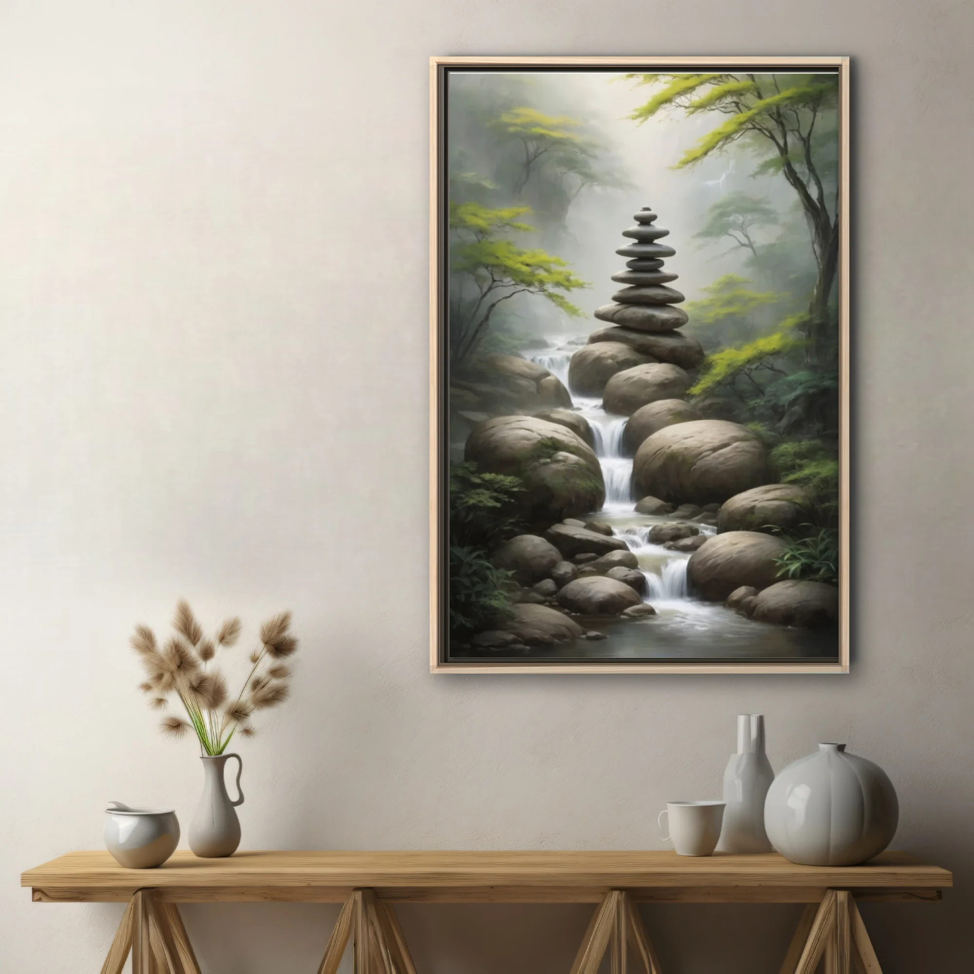 Zen stone cairn balanced over misty forest stream, nature art