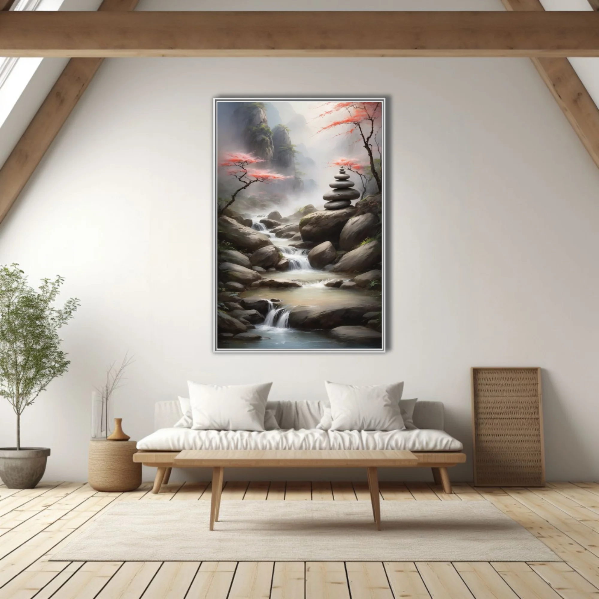 Ink-wash-style zen landscape with stone cairn, misty waterfall, and red-leafed trees