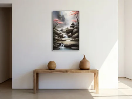 Ink-wash-style zen landscape with stone cairn, misty waterfall, and red-leafed trees