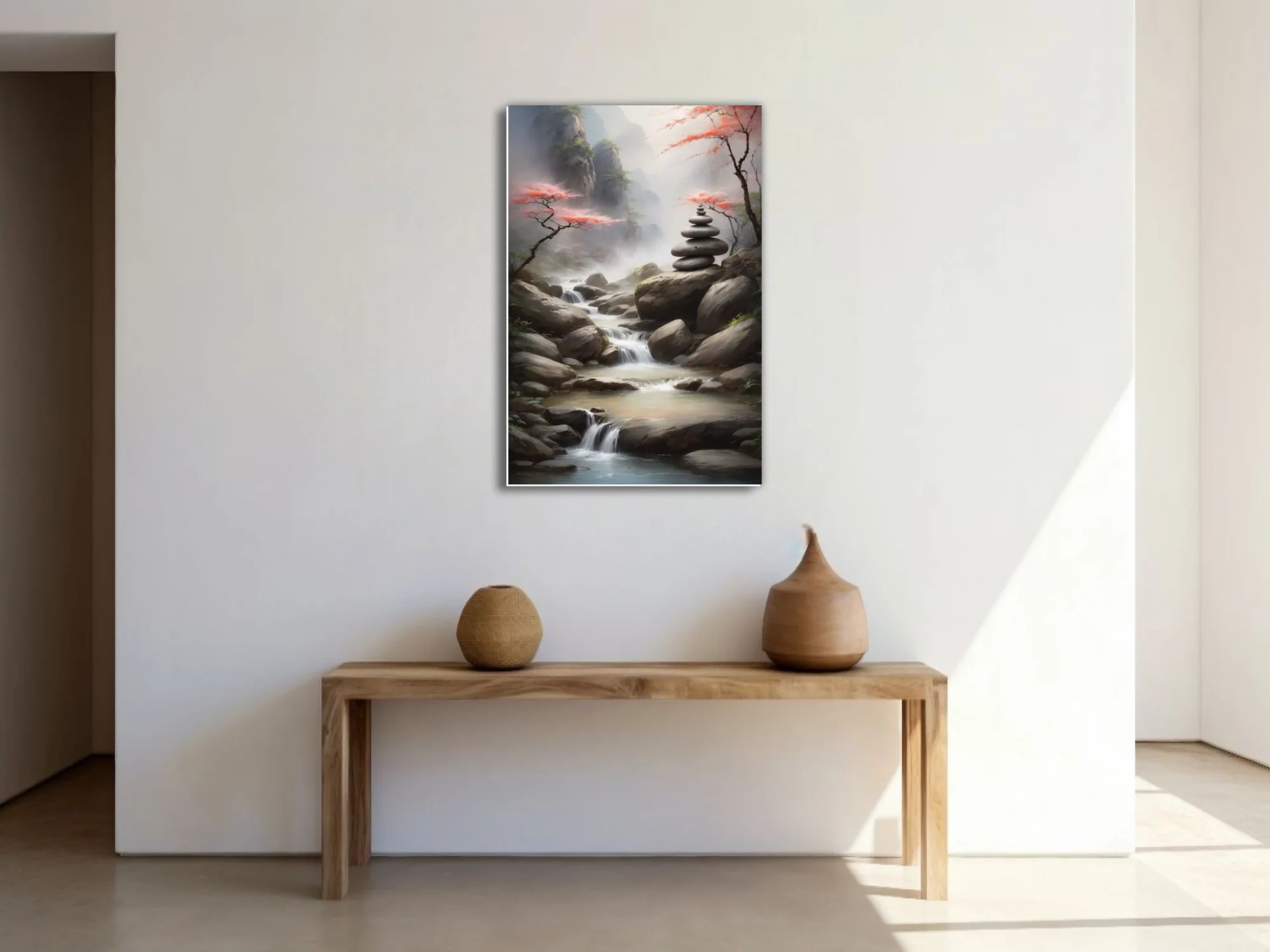 Ink-wash-style zen landscape with stone cairn, misty waterfall, and red-leafed trees