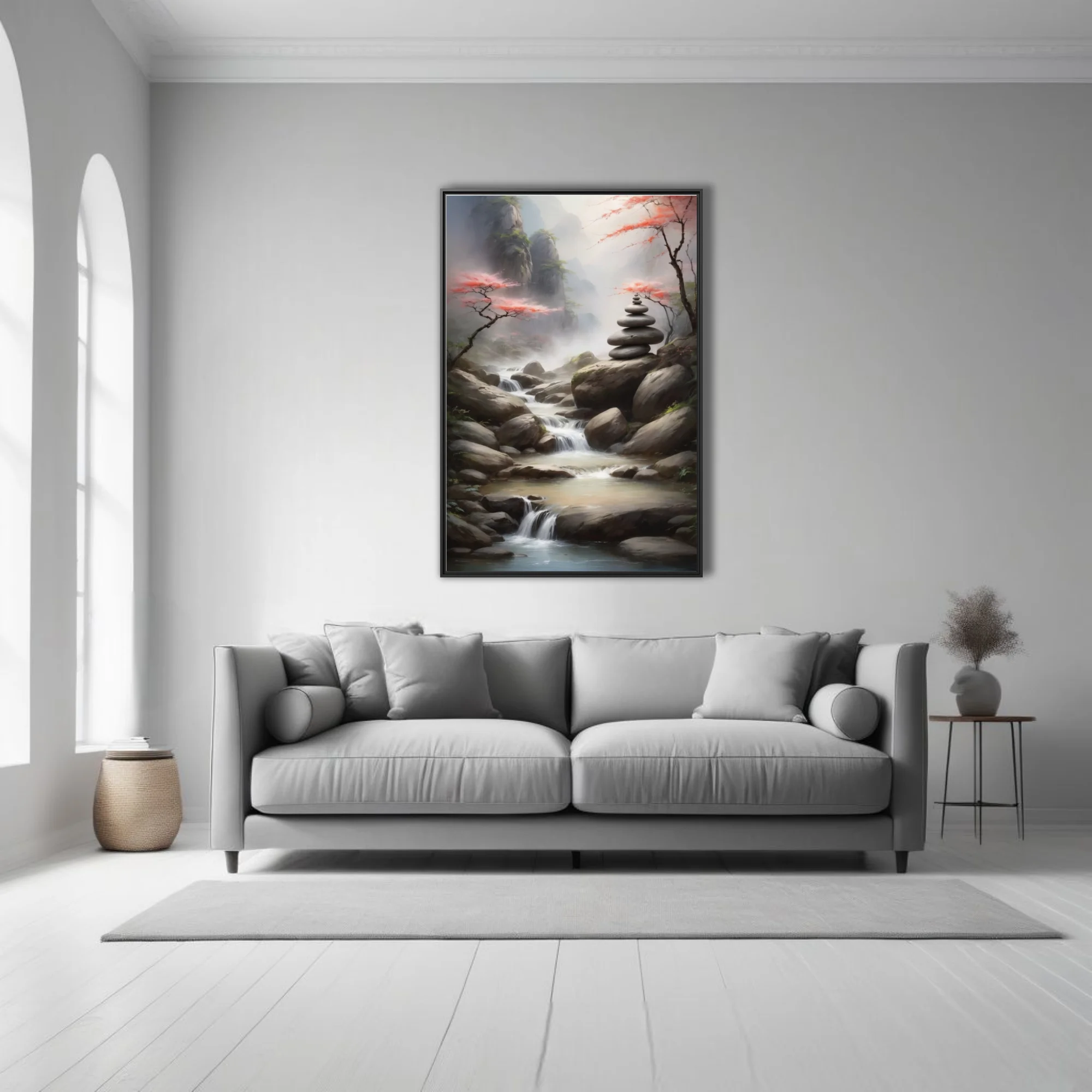 Ink-wash-style zen landscape with stone cairn, misty waterfall, and red-leafed trees
