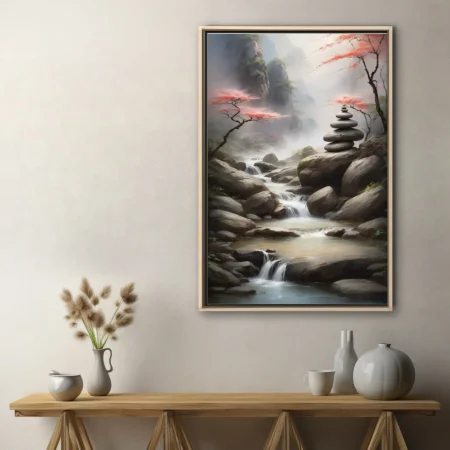 Ink-wash-style zen landscape with stone cairn, misty waterfall, and red-leafed trees