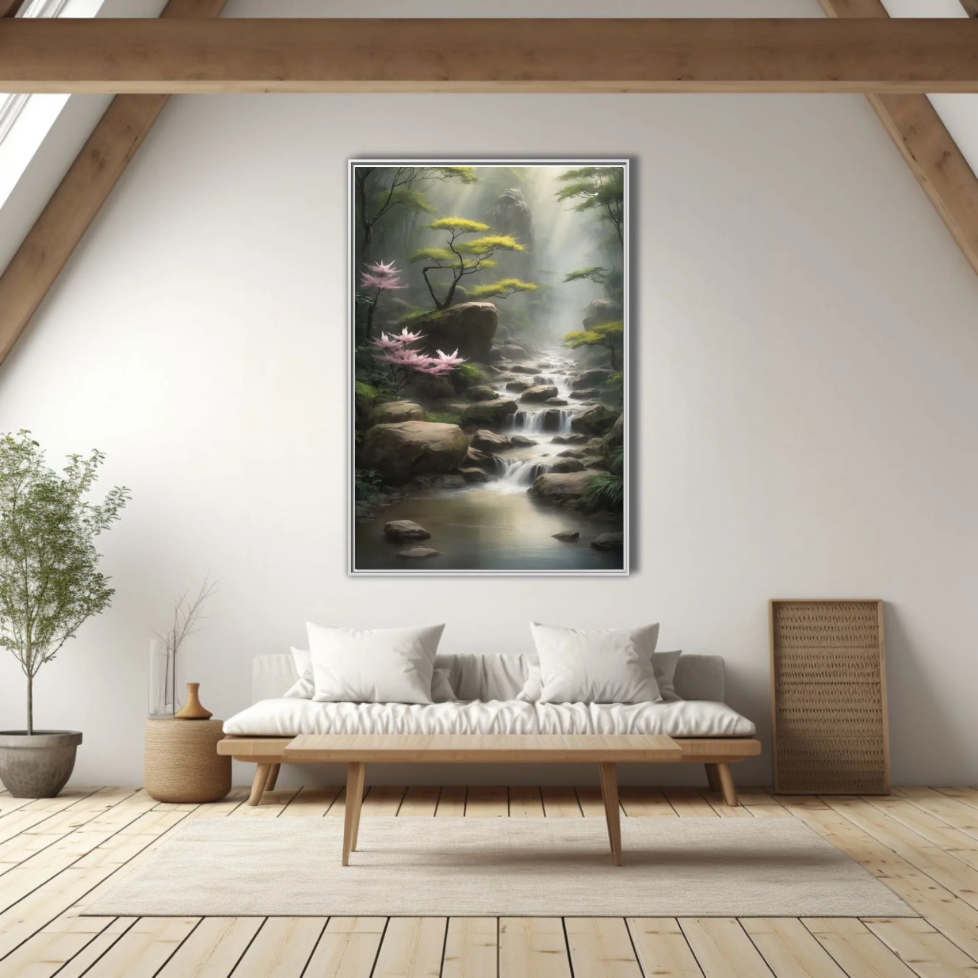 East Asian-inspired misty stream landscape with pink blossoms and cascading water