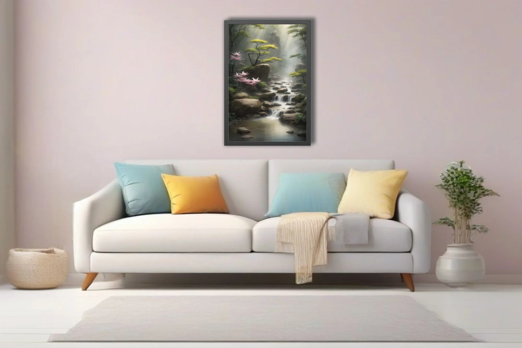 East Asian-inspired misty stream landscape with pink blossoms and cascading water