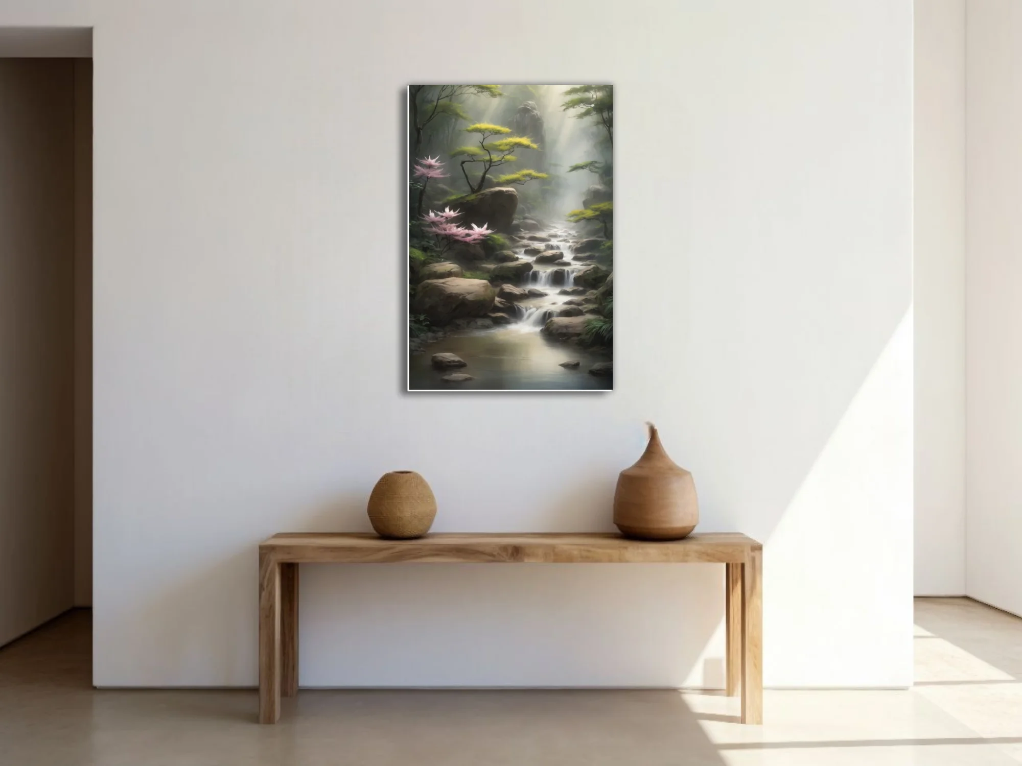 East Asian-inspired misty stream landscape with pink blossoms and cascading water