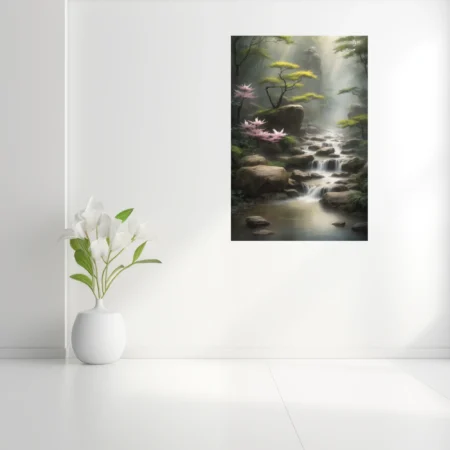 East Asian-inspired misty stream landscape with pink blossoms and cascading water
