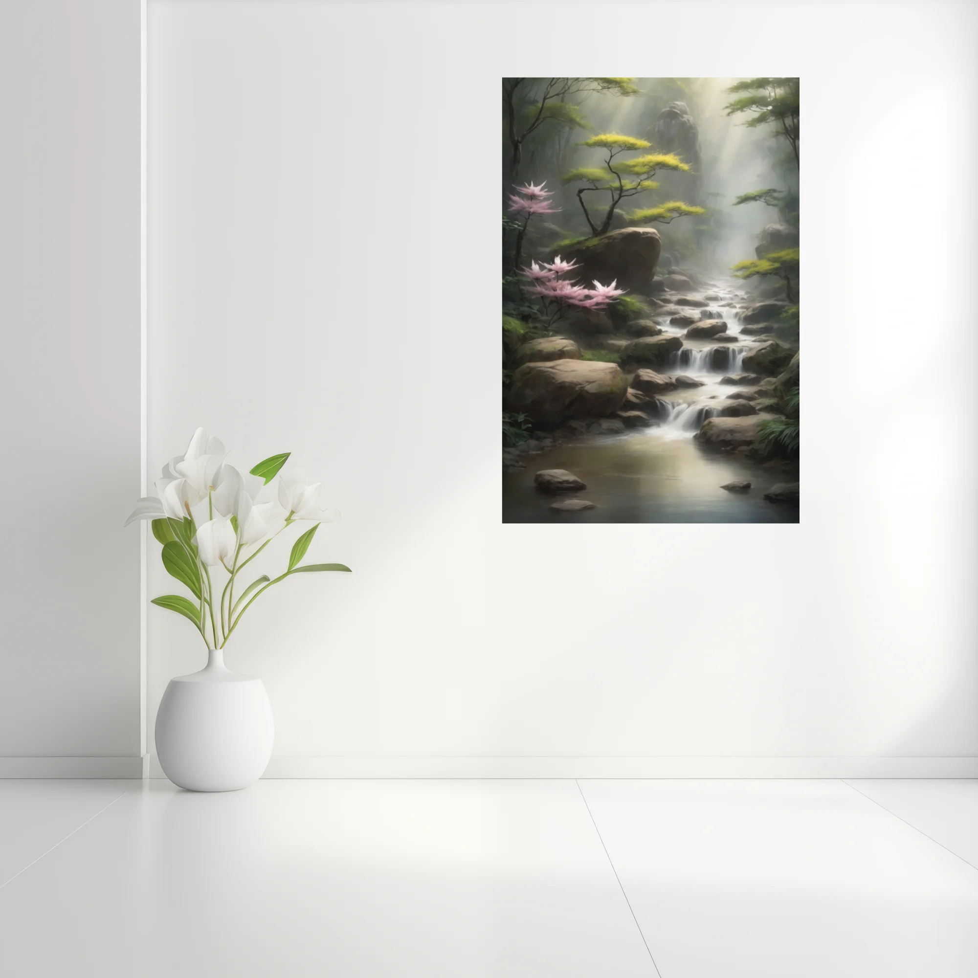 East Asian-inspired misty stream landscape with pink blossoms and cascading water