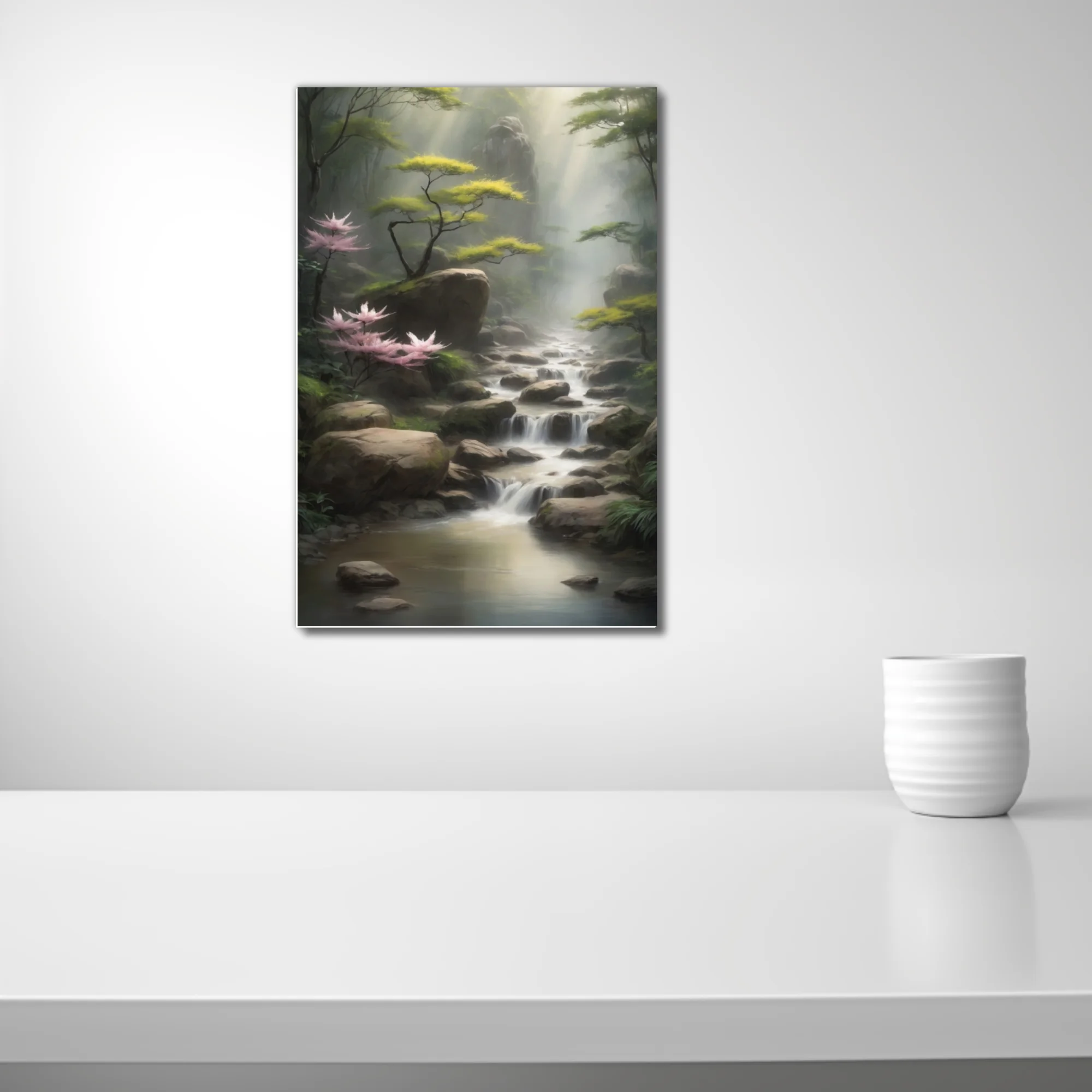 East Asian-inspired misty stream landscape with pink blossoms and cascading water