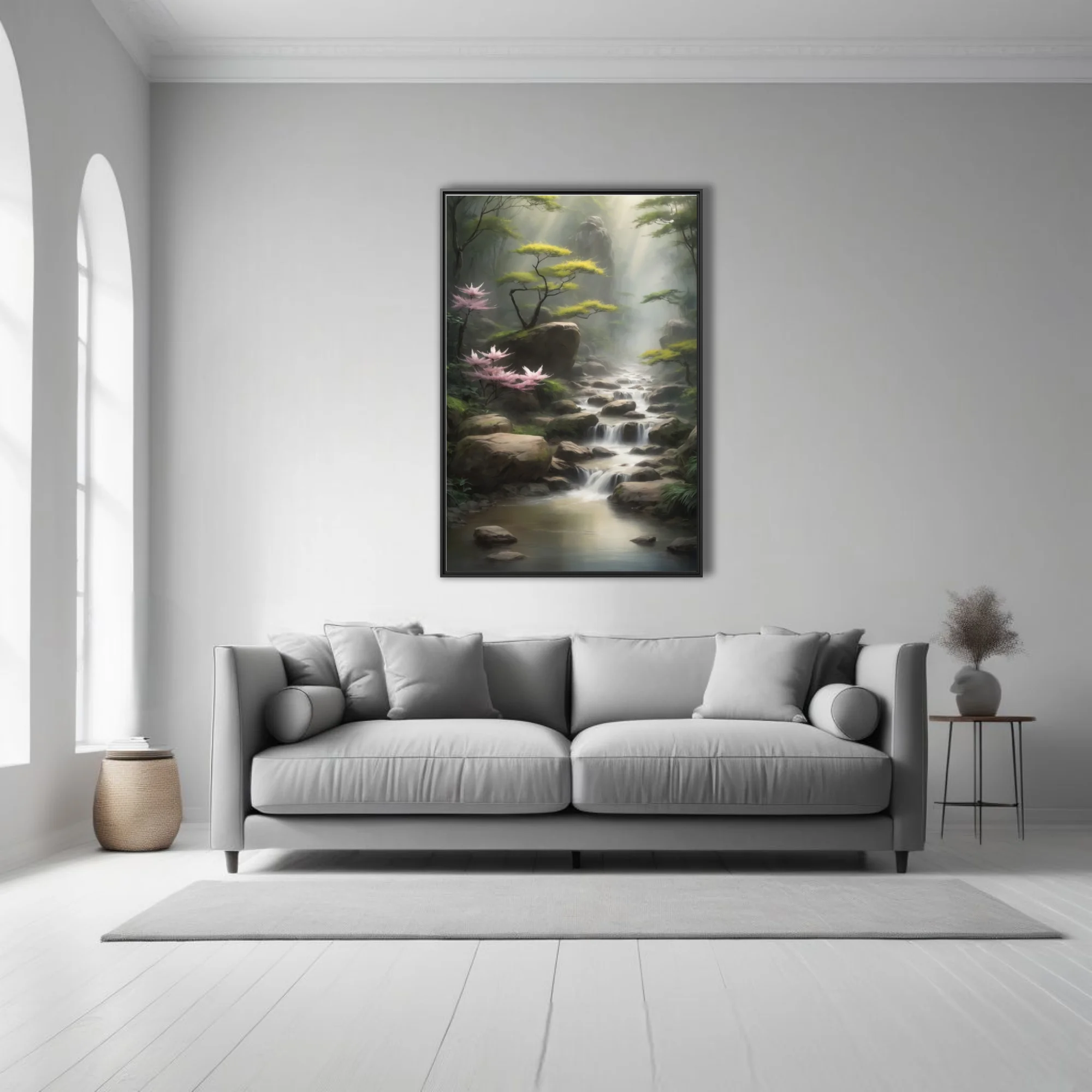 East Asian-inspired misty stream landscape with pink blossoms and cascading water