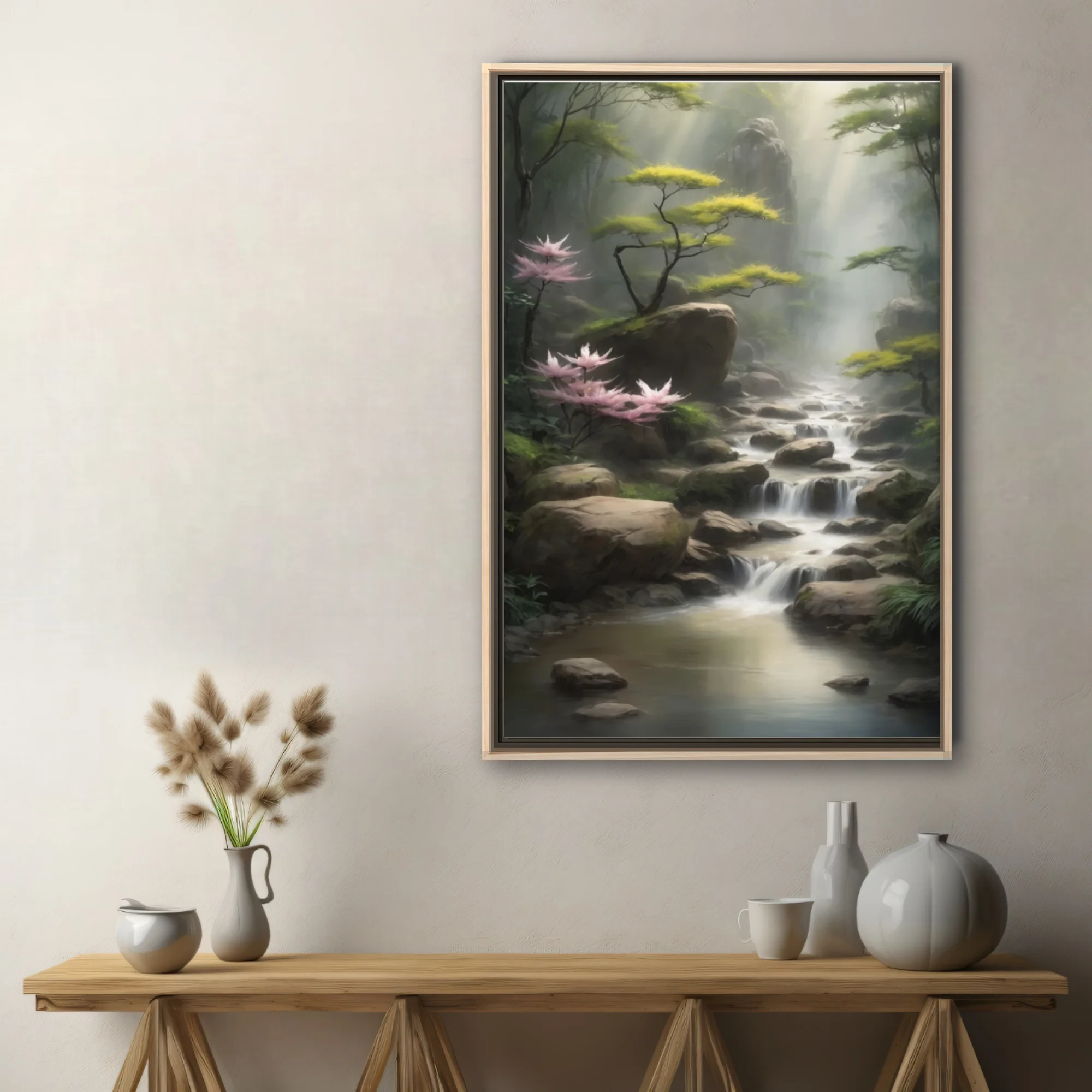 East Asian-inspired misty stream landscape with pink blossoms and cascading water