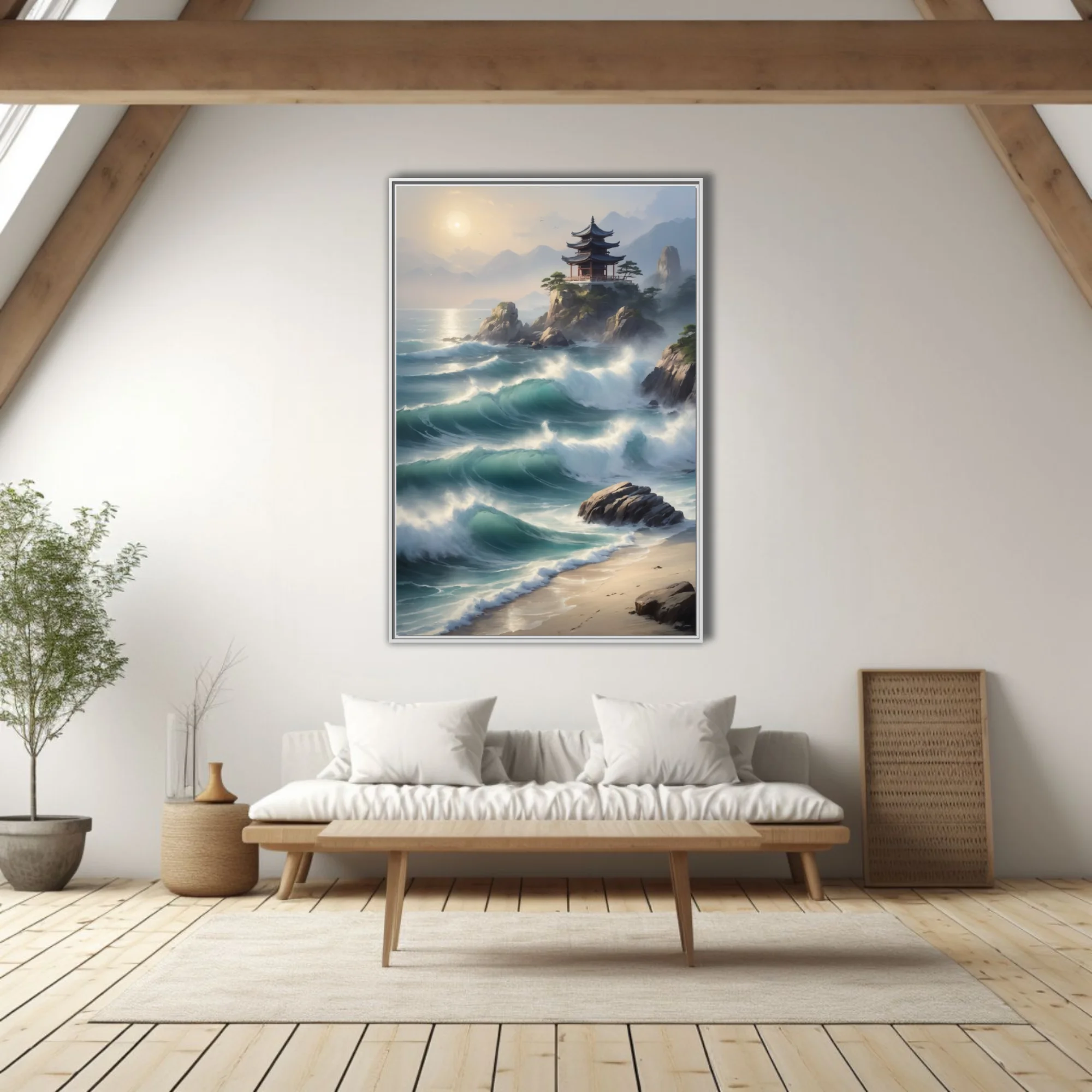 East Asian ink-wash-style coastal landscape with pagoda, crashing teal waves, misty mountains