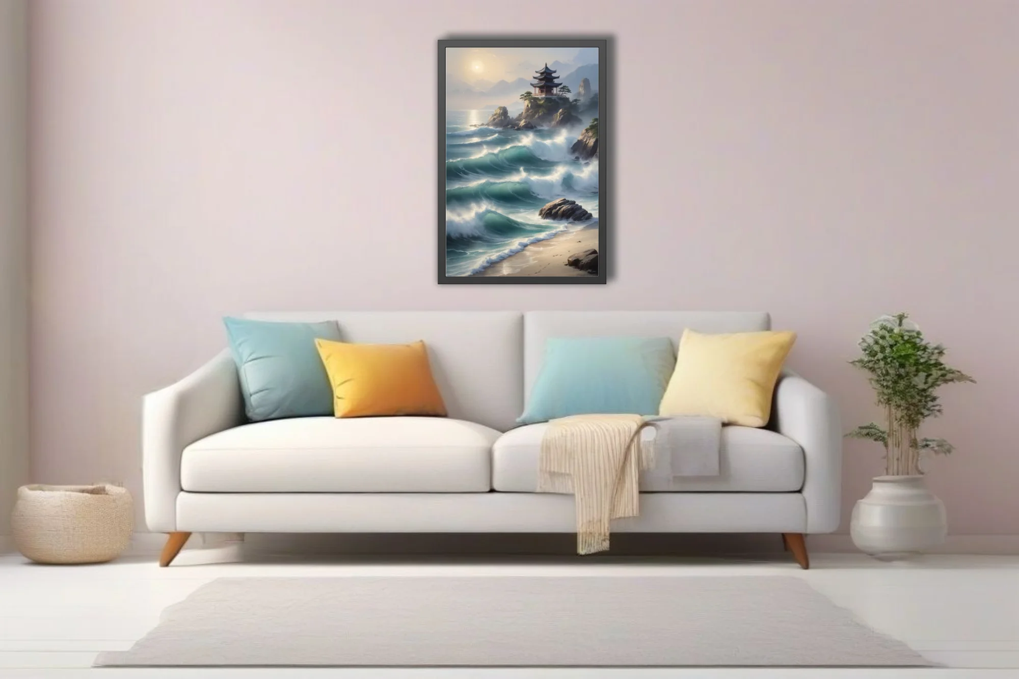 East Asian ink-wash-style coastal landscape with pagoda, crashing teal waves, misty mountains