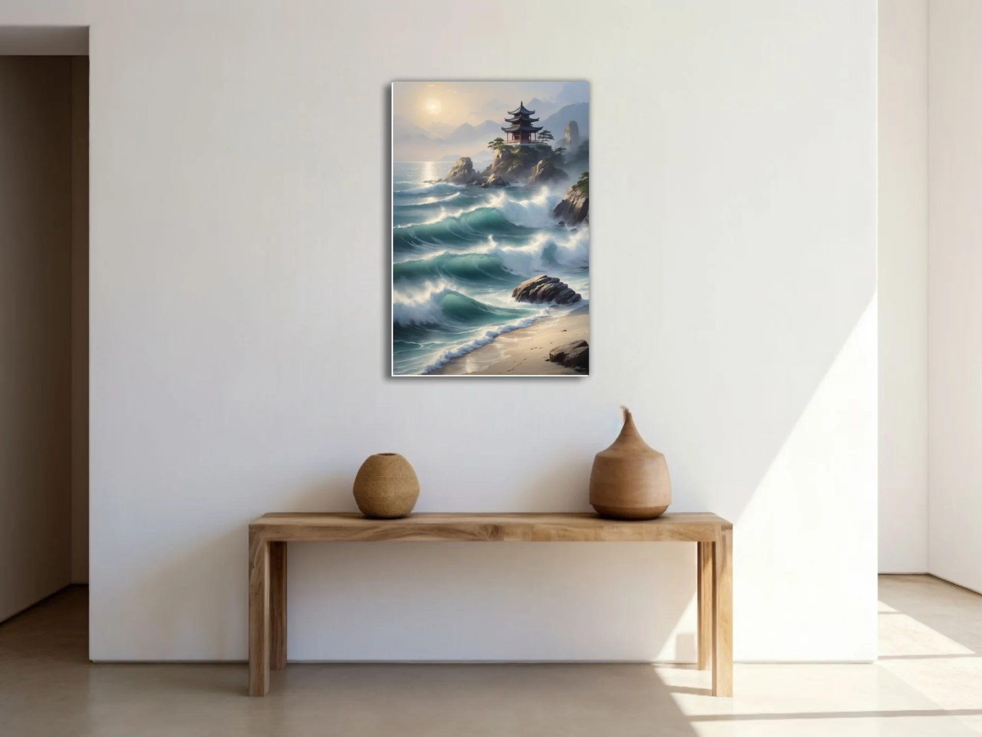East Asian ink-wash-style coastal landscape with pagoda, crashing teal waves, misty mountains