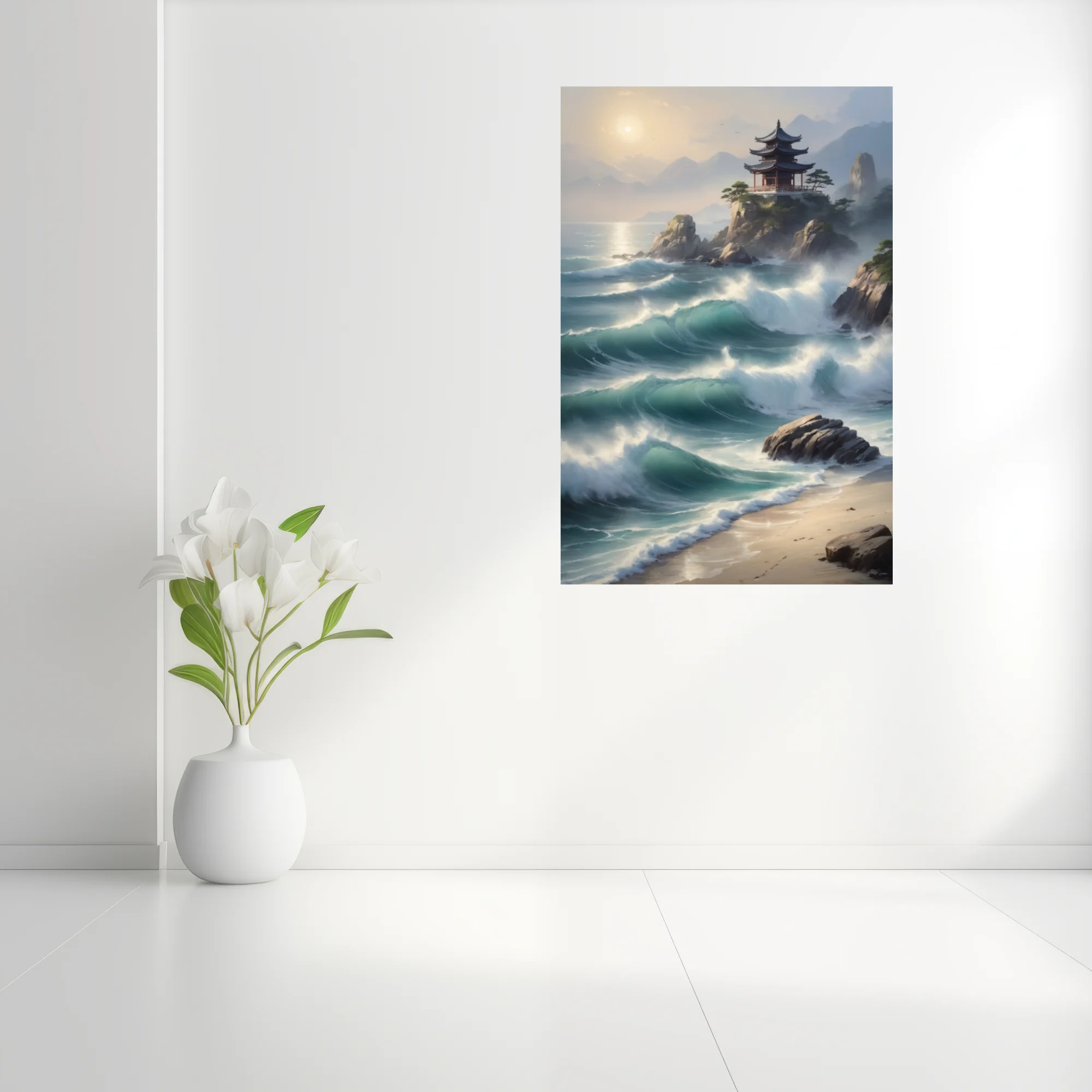 East Asian ink-wash-style coastal landscape with pagoda, crashing teal waves, misty mountains
