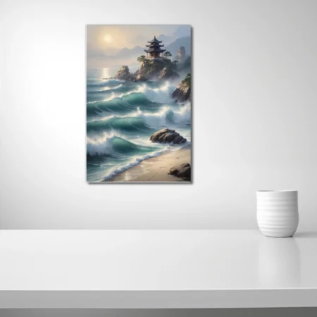 East Asian ink-wash-style coastal landscape with pagoda, crashing teal waves, misty mountains