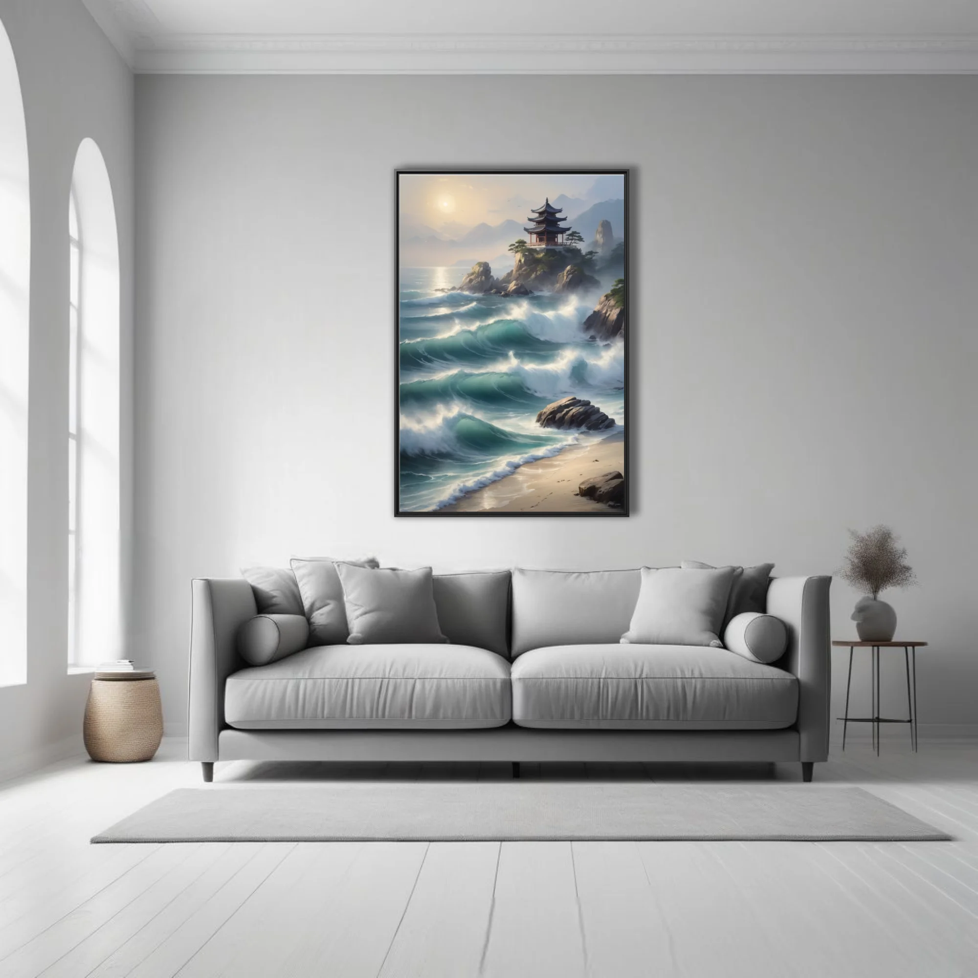 East Asian ink-wash-style coastal landscape with pagoda, crashing teal waves, misty mountains