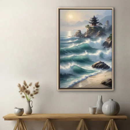 East Asian ink-wash-style coastal landscape with pagoda, crashing teal waves, misty mountains