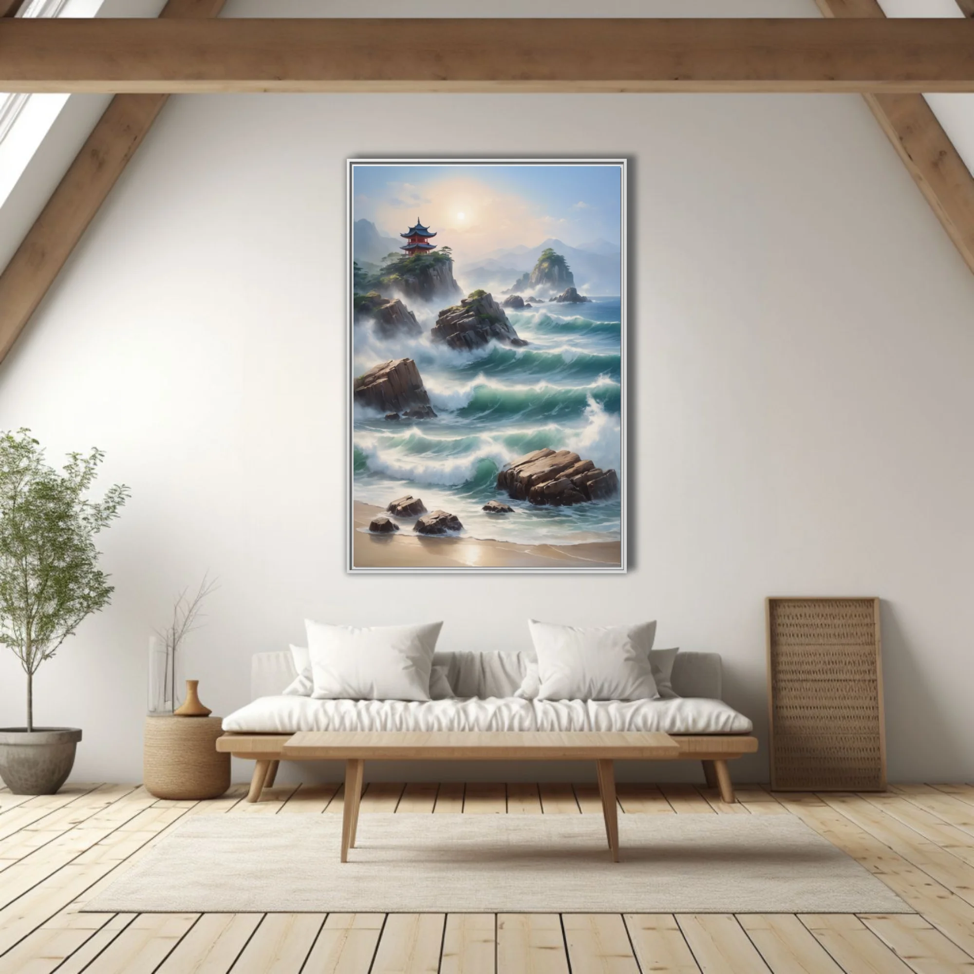 Asian-inspired coastal seascape with pagoda, crashing waves, and misty mountains in soft teal tones