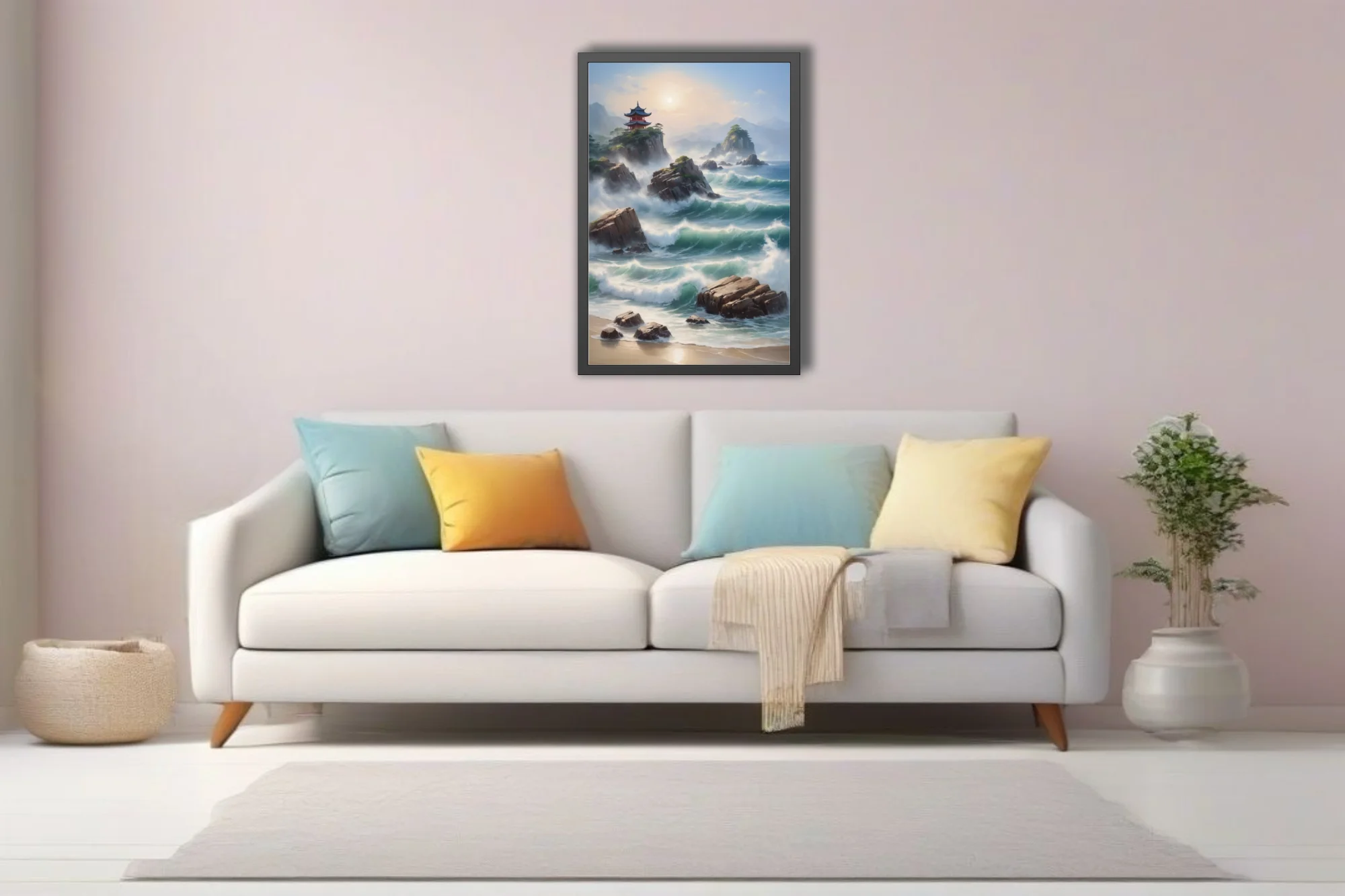 Asian-inspired coastal seascape with pagoda, crashing waves, and misty mountains in soft teal tones