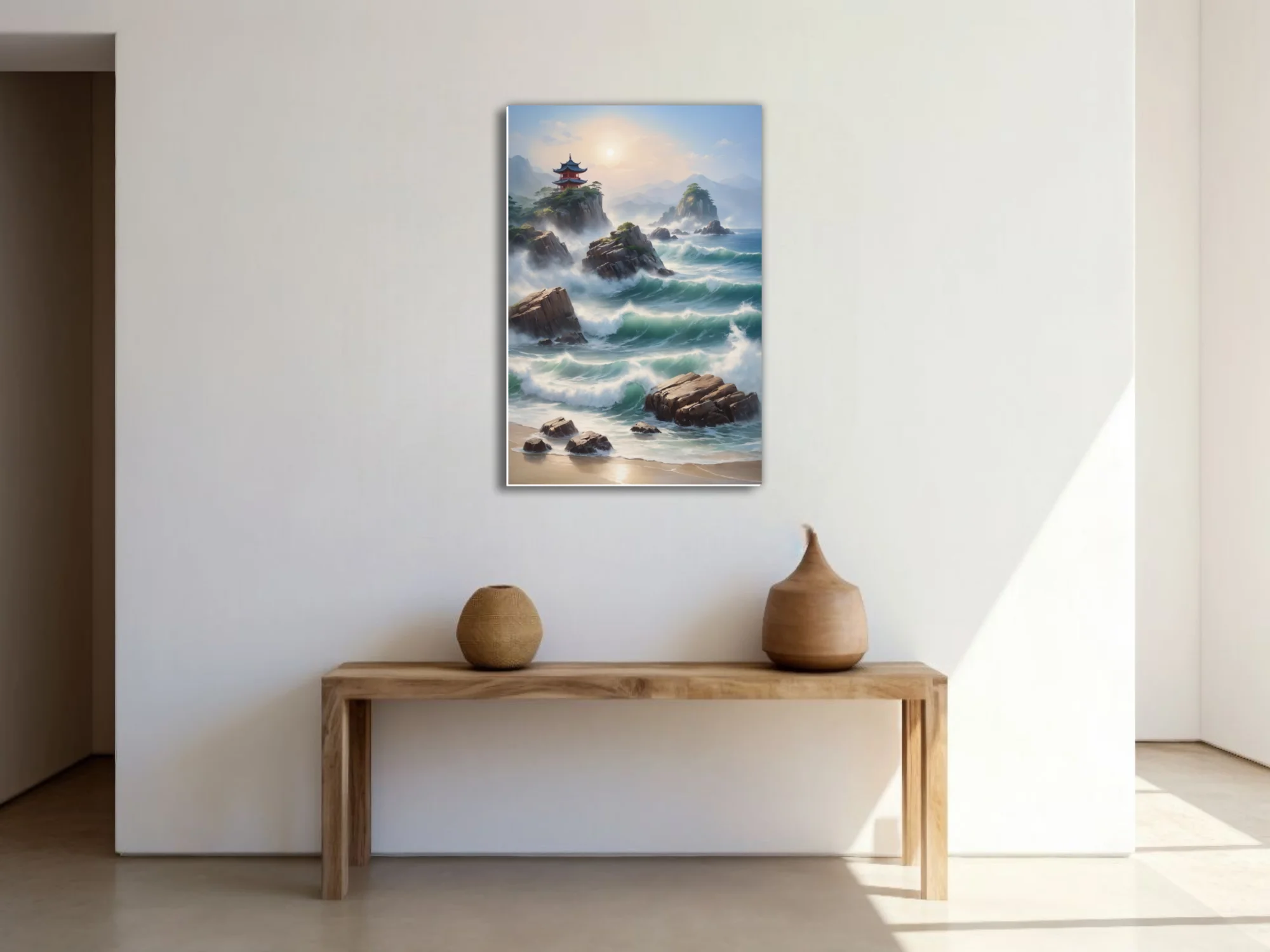 Asian-inspired coastal seascape with pagoda, crashing waves, and misty mountains in soft teal tones