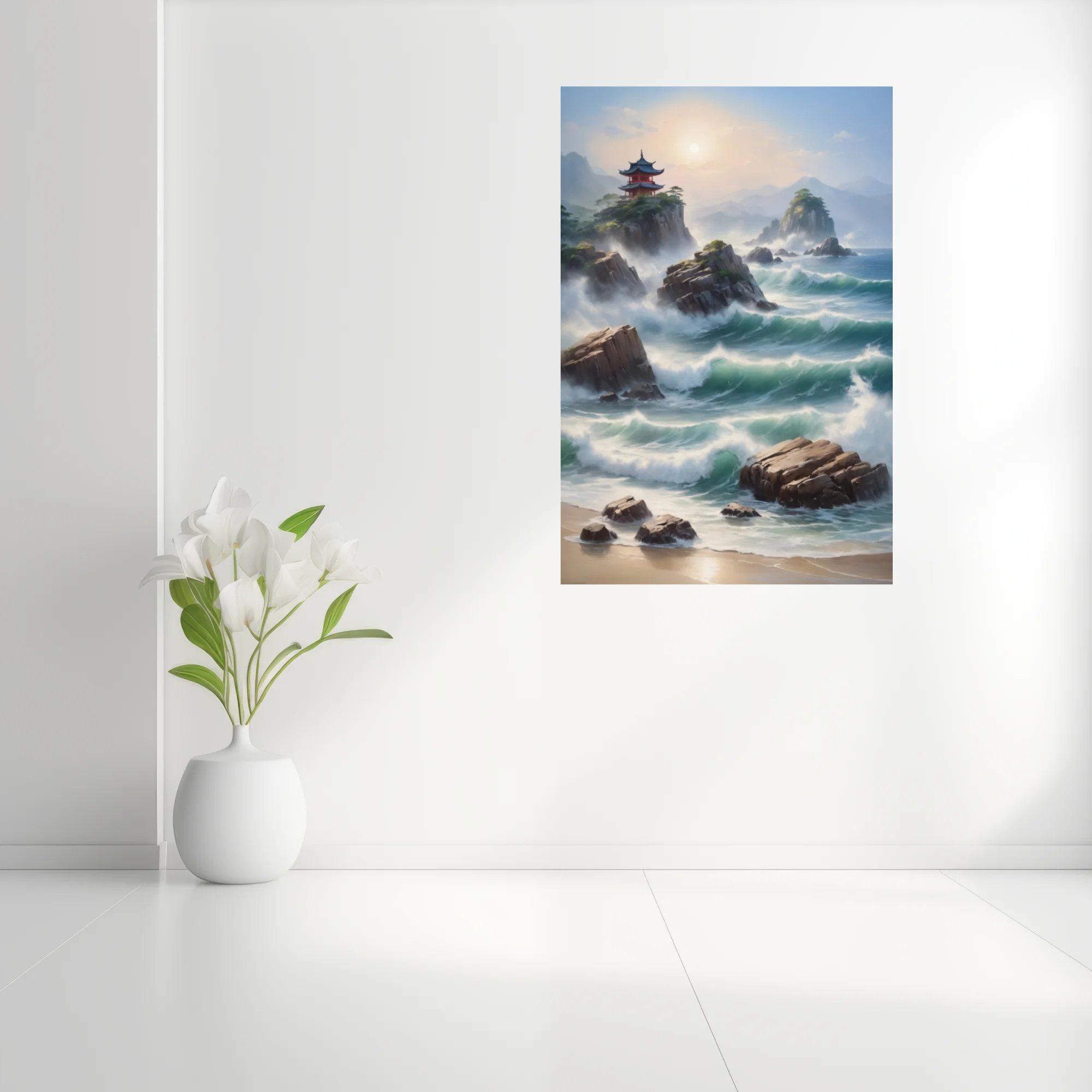 Asian-inspired coastal seascape with pagoda, crashing waves, and misty mountains in soft teal tones