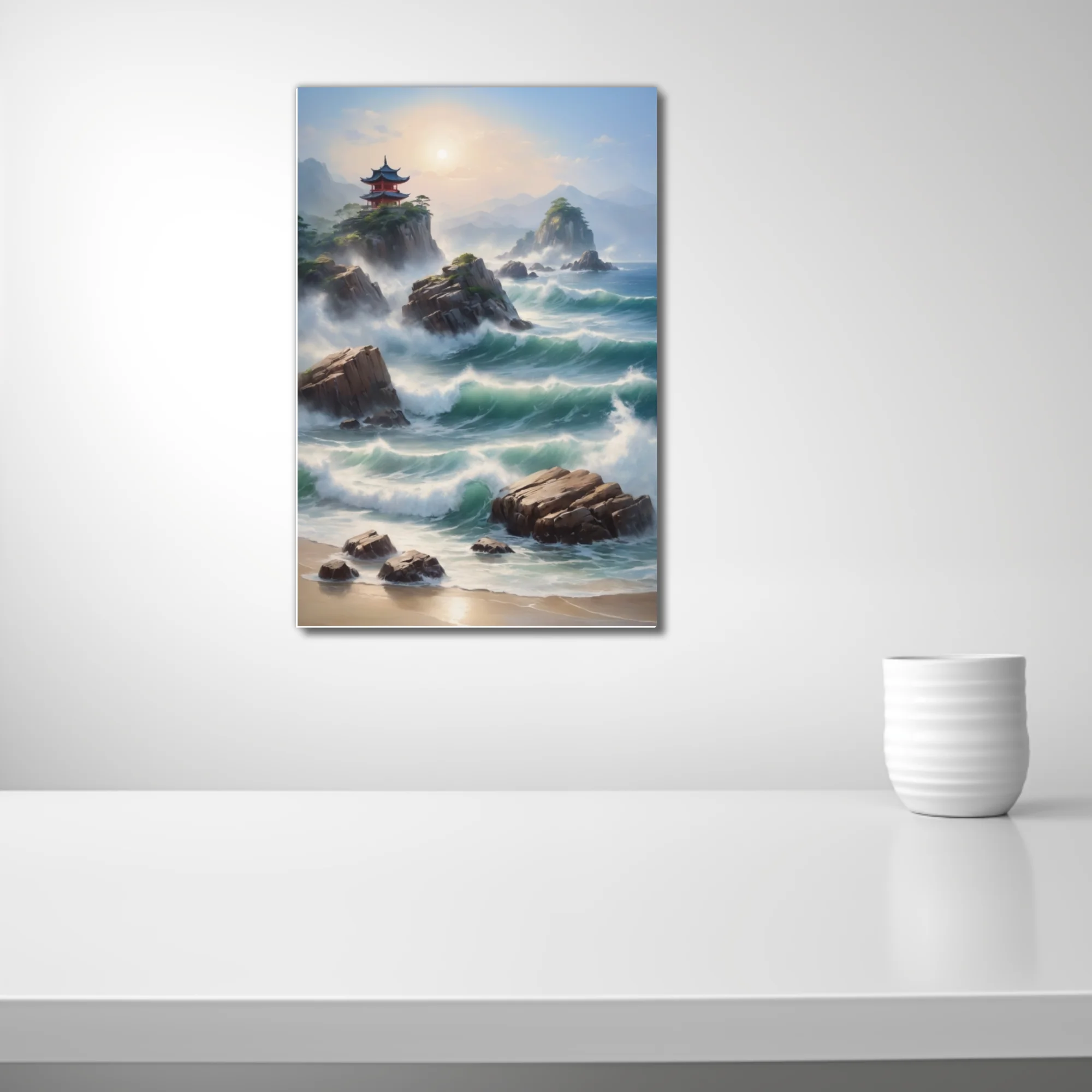 Asian-inspired coastal seascape with pagoda, crashing waves, and misty mountains in soft teal tones