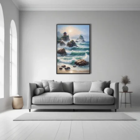 Asian-inspired coastal seascape with pagoda, crashing waves, and misty mountains in soft teal tones