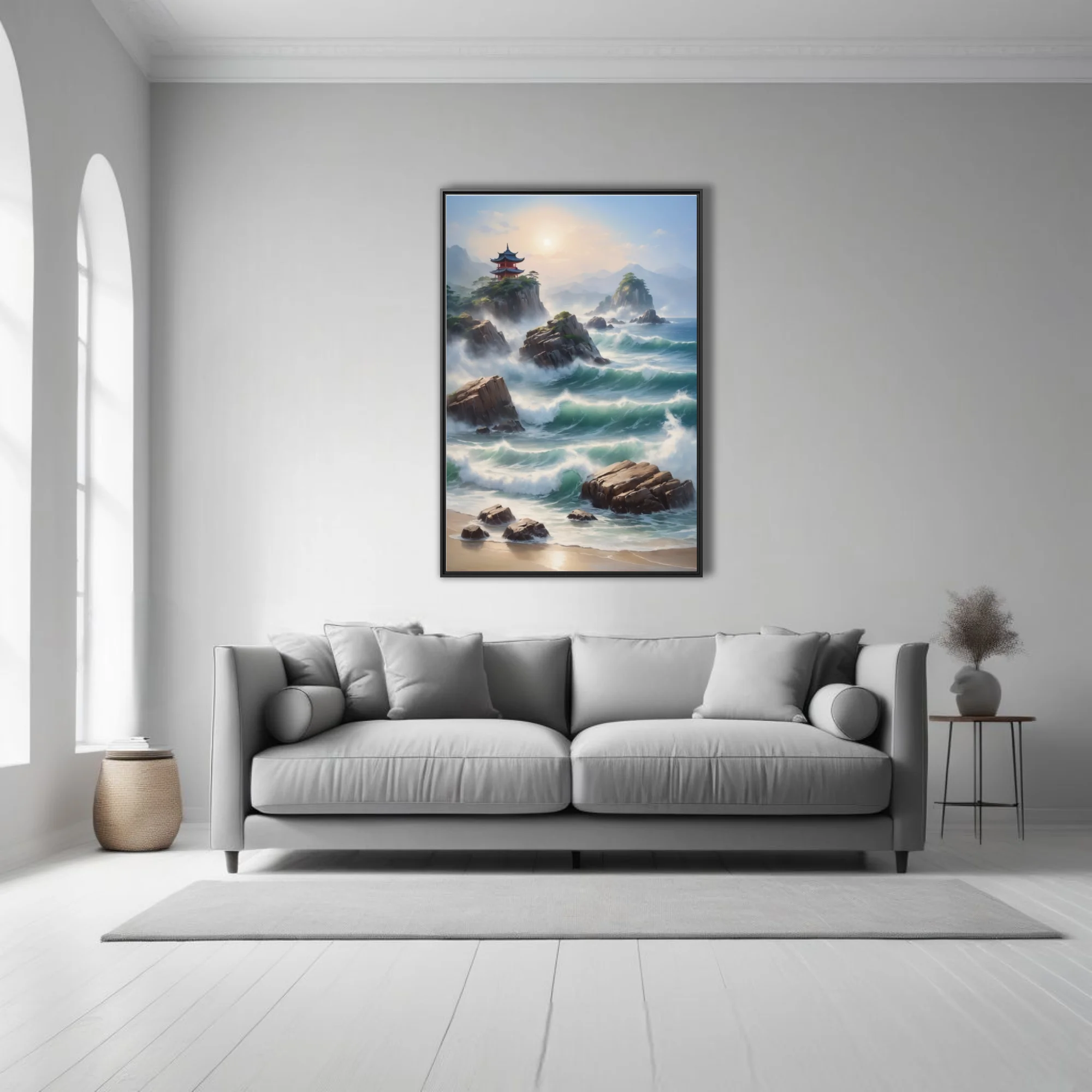 Asian-inspired coastal seascape with pagoda, crashing waves, and misty mountains in soft teal tones