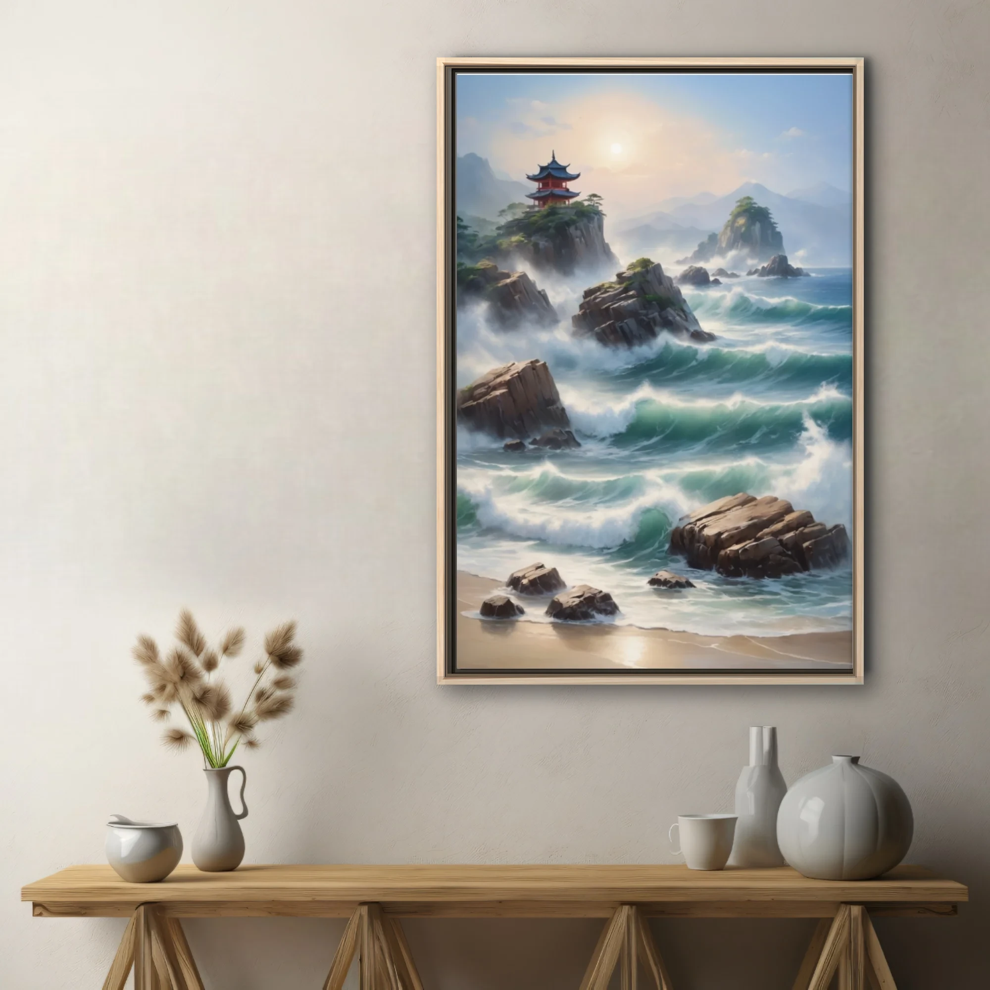 Asian-inspired coastal seascape with pagoda, crashing waves, and misty mountains in soft teal tones