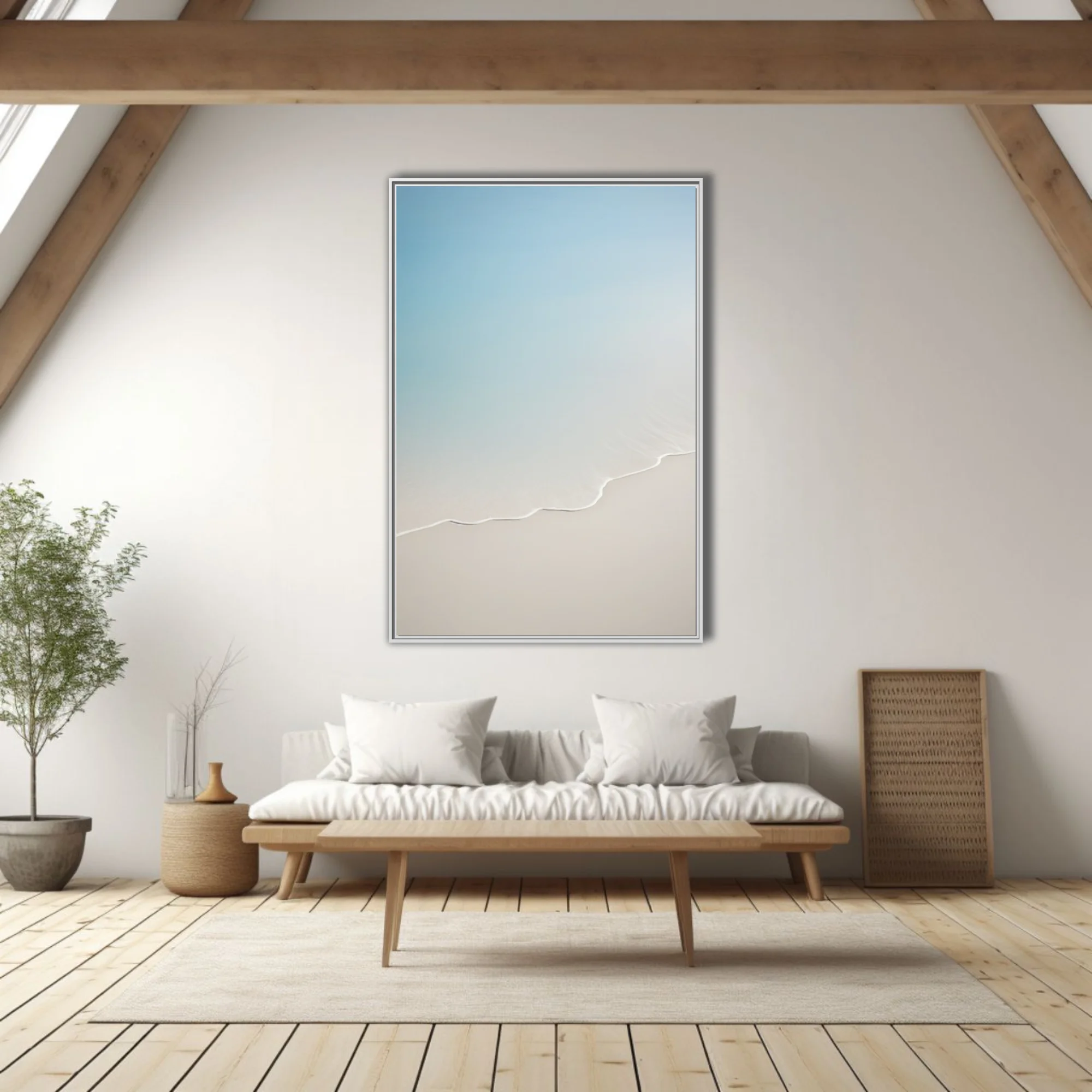 Minimalist aerial landscape with sinuous white line, soft blue and cream palette