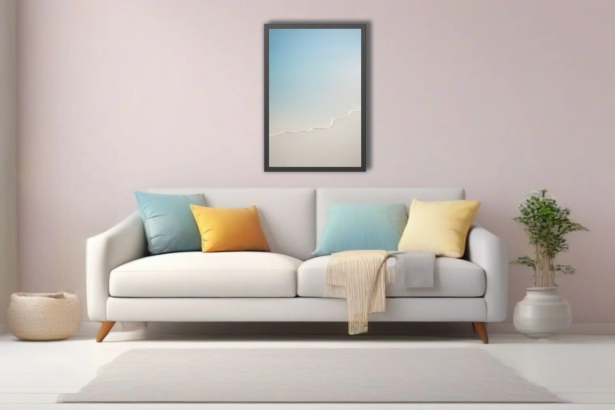 Minimalist aerial landscape with sinuous white line, soft blue and cream palette