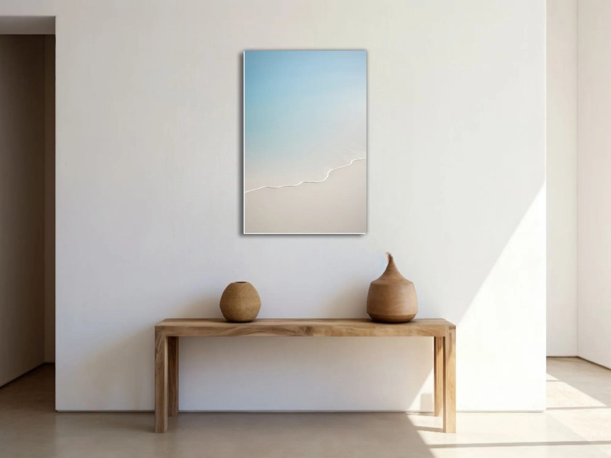 Minimalist aerial landscape with sinuous white line, soft blue and cream palette
