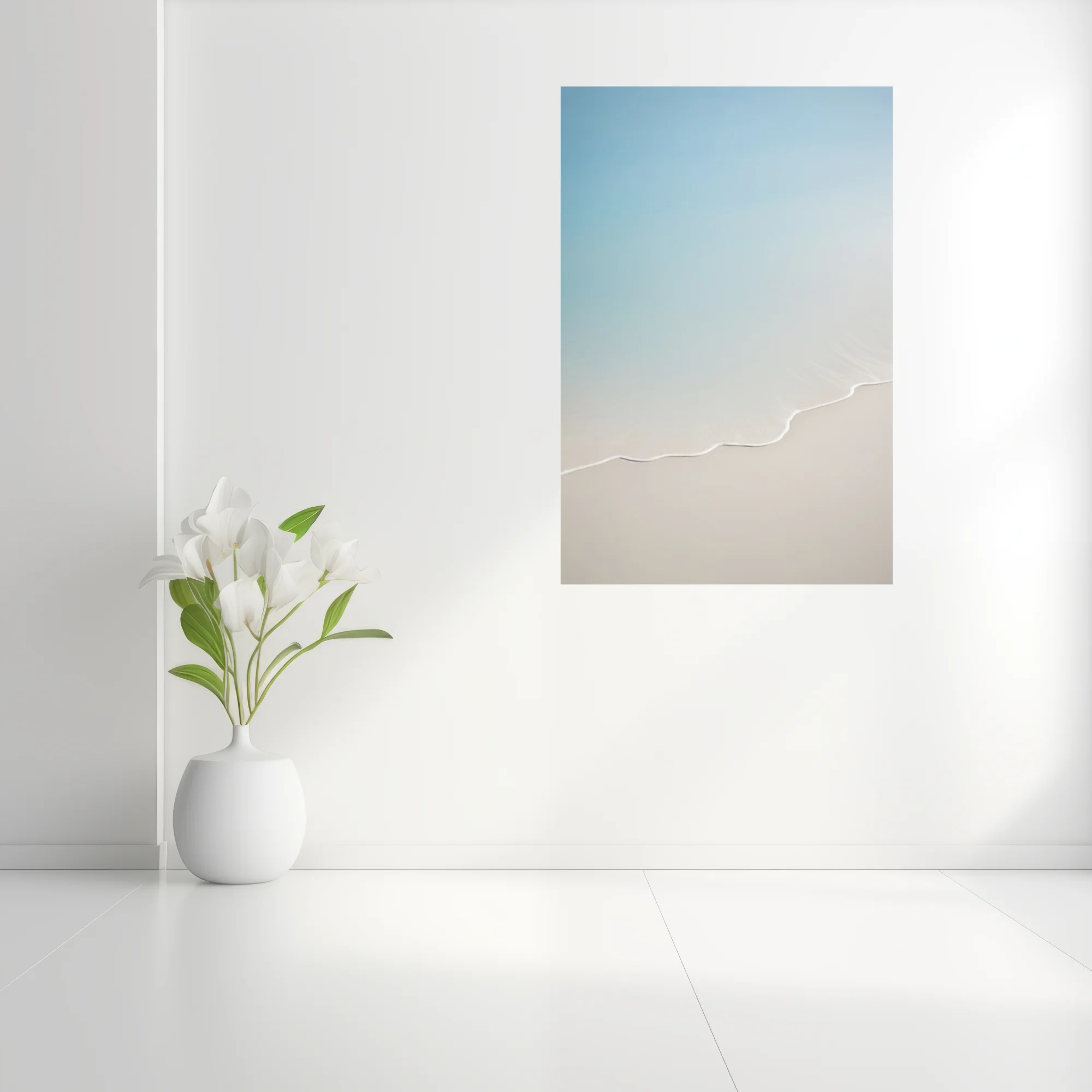 Minimalist aerial landscape with sinuous white line, soft blue and cream palette